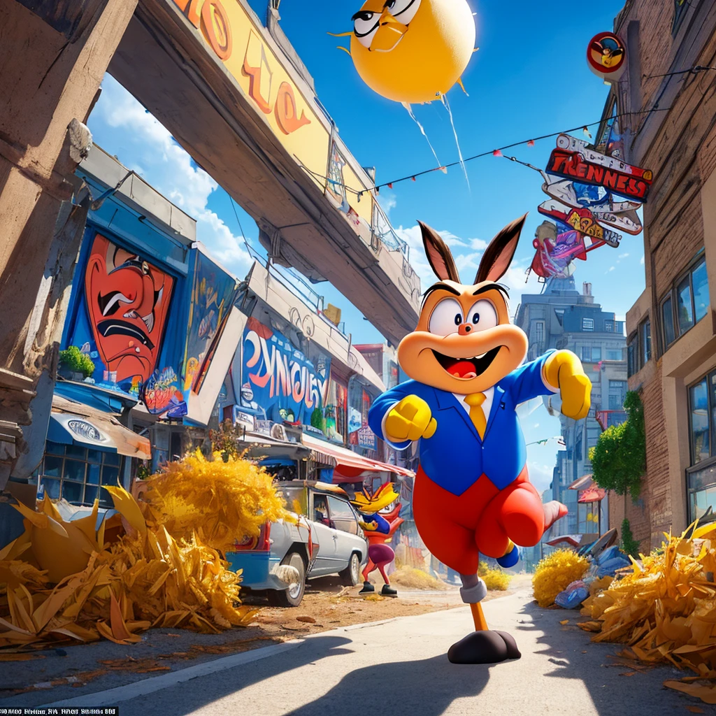 An extremely complex scene with two subjects: the Looney Tunes Road Runner greatly resembling Donald Trump, outwitting the Looney Tunes Wile E. Coyote greatly resembling Joe Biden, all set in the US White House. The artwork should have the best quality, be ultra-detailed, and realistic. The scene should depict the interaction between the two characters with vivid colors and professional studio lighting. The color tone should be vibrant and eye-catching. The lighting should highlight the details of the characters and the surroundings.