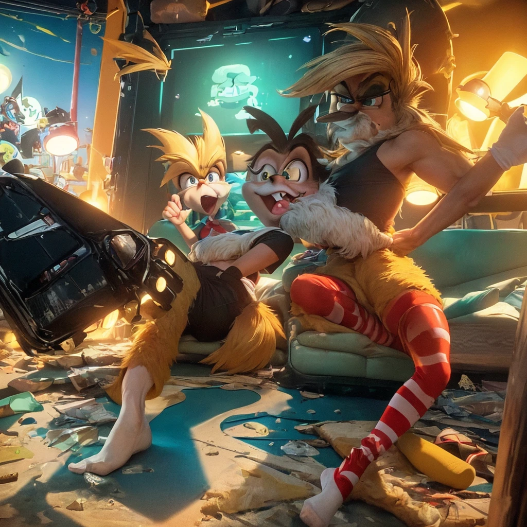 An extremely complex scene with two subjects: the Looney Tunes Road Runner greatly resembling Donald Trump, outwitting the Looney Tunes Wile E. Coyote greatly resembling Joe Biden, all set in the US White House. The artwork should have the best quality, be ultra-detailed, and realistic. The scene should depict the interaction between the two characters with vivid colors and professional studio lighting. The color tone should be vibrant and eye-catching. The lighting should highlight the details of the characters and the surroundings.
