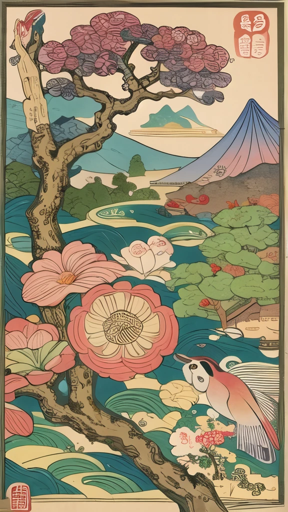 (masterpiece, best quality:1.2),Ukiyo-e style，flowers, birds, fish and insects，tree，animal，