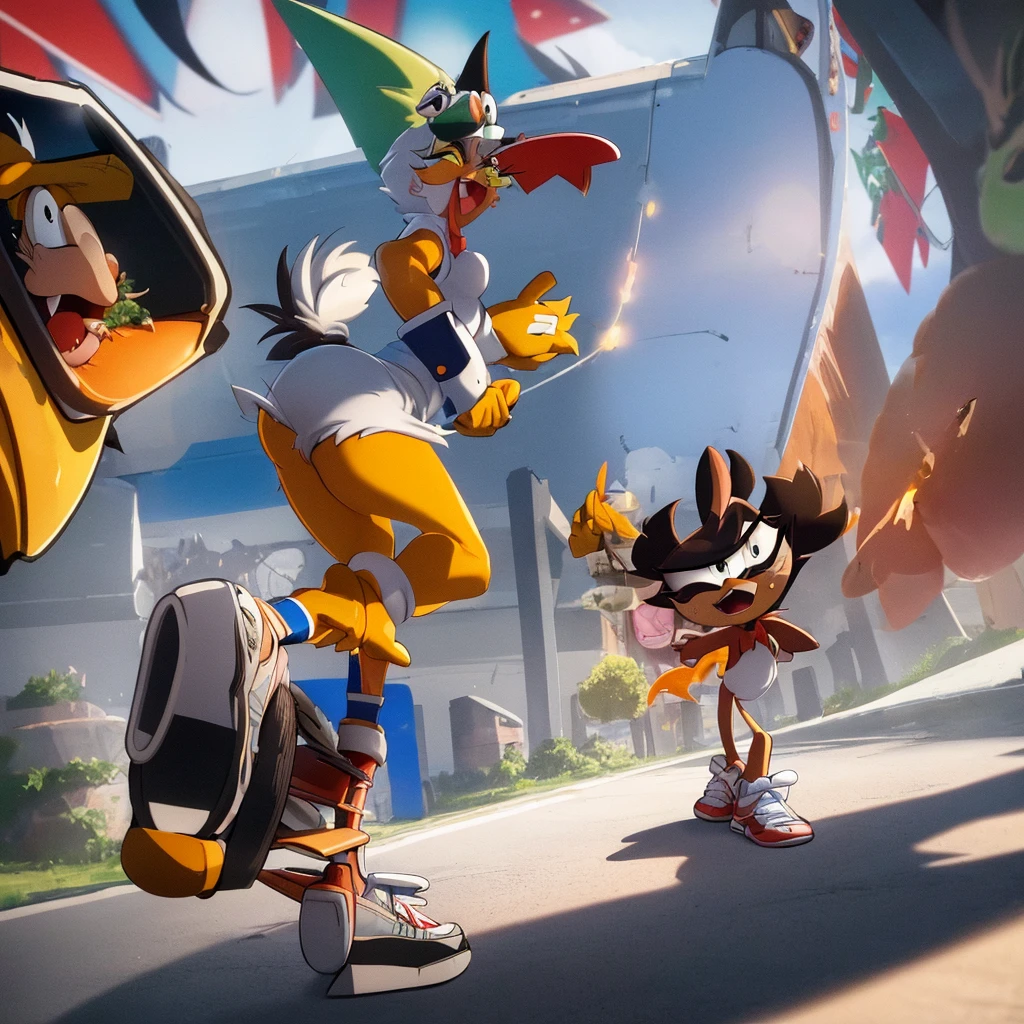 An extremely complex scene with two subjects: the Looney Tunes Road Runner greatly resembling Donald Trump, outwitting the Looney Tunes Wile E. Coyote greatly resembling Joe Biden, all set in the US White House. The artwork should have the best quality, be ultra-detailed, and realistic. The scene should depict the interaction between the two characters with vivid colors and professional studio lighting. The color tone should be vibrant and eye-catching. The lighting should highlight the details of the characters and the surroundings.