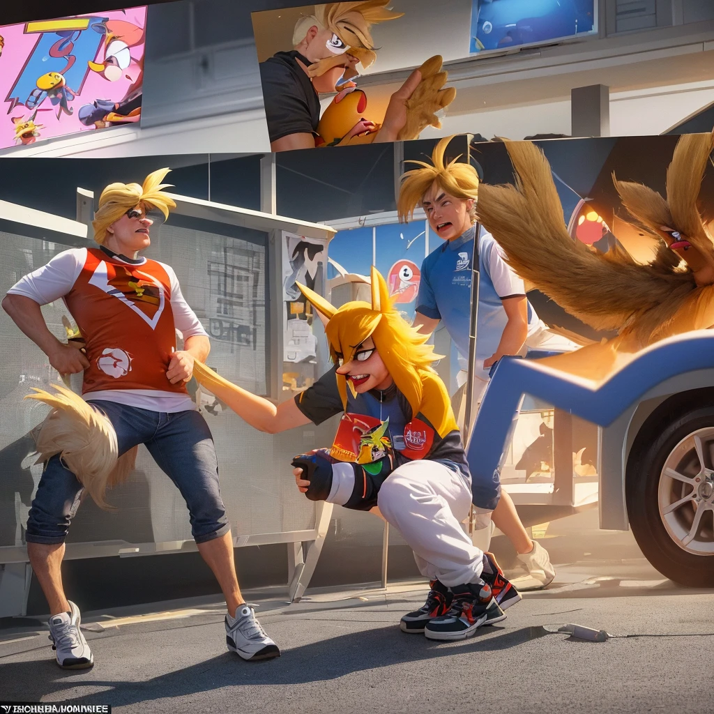 An extremely complex scene with two subjects: the Looney Tunes Road Runner greatly resembling Donald Trump, outwitting the Looney Tunes Wile E. Coyote greatly resembling Joe Biden, all set in the US White House. The artwork should have the best quality, be ultra-detailed, and realistic. The scene should depict the interaction between the two characters with vivid colors and professional studio lighting. The color tone should be vibrant and eye-catching. The lighting should highlight the details of the characters and the surroundings.