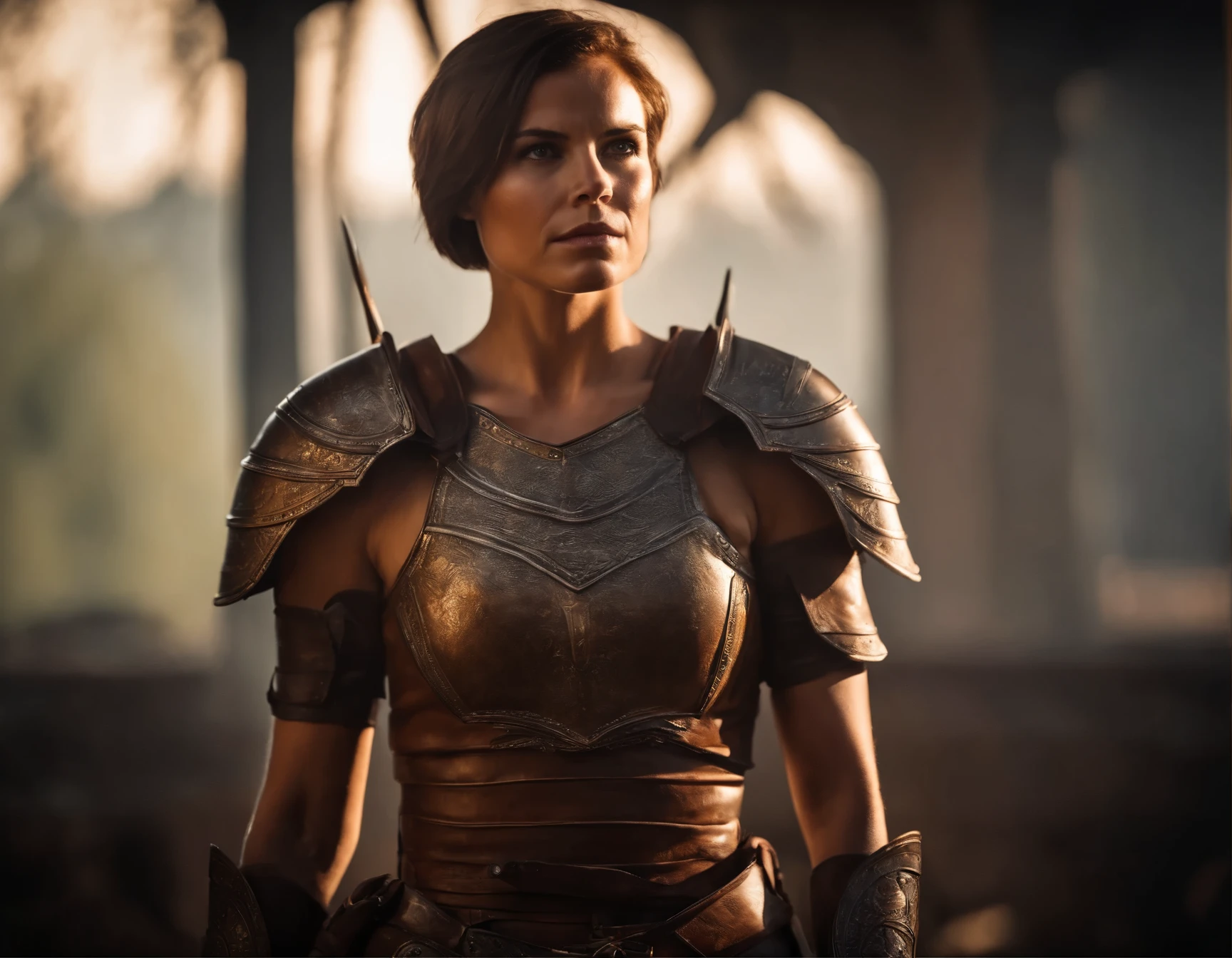 muscled, sun tanned tomboy female human warrior with short brown hair in a dusty, intricate leather armor