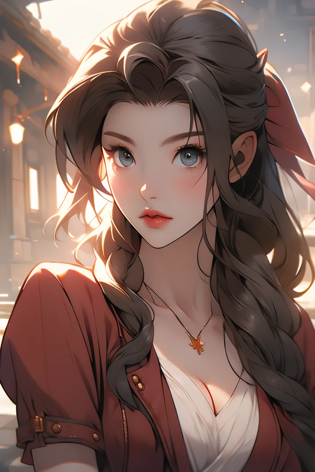 FF10 Aerith, staring at me, high resolution, -like, blushing, cleavage,