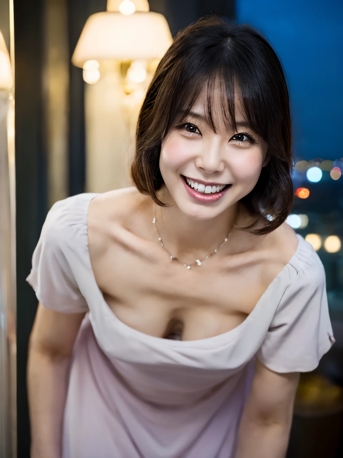 NSFW, ((highest quality)), ((8K)), ((masterpiece: 1.3)), (high resolution), A room on a high floor of a luxury hotel with a night view from the window,  (japanese woman), (perfect face), (47 years old), (married woman), (wrinkles on face:1.2), (wrinkles around the eyes), (tear bag eyes), (double eyelid), (Landscape), (Look diagonally to the upper right), (Smiling with his mouth slightly open), (Lace dress with wide neckline), (standing position), 