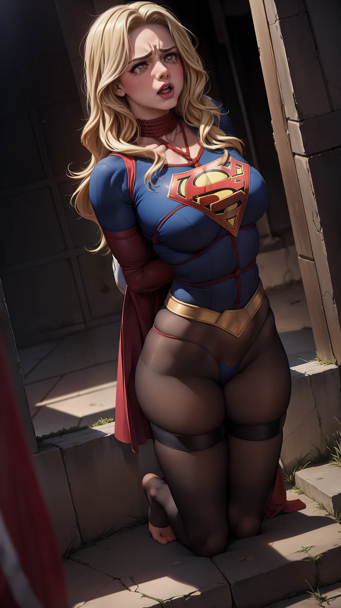 ((SUPERHEROINA SUPERGIRL, NUMA FLORESTA TROPICAL, NO MEIO DA SELVA)), (Supergirl is barefoot, DENTRO DA LAMA), ((SUPERHEROINE SUPERGIRL, OBRIGADA A RASTEJAR DENTRO DA LAMA, CORPO SUJO DE LAMA)), (SUPERHEROINA SUPERGIRL suada por todo o corpo), (Supergirl chorando muito). ((SUPERHEROINA SUPERGIRL tem cabelo loiro, ela tem cabelo longo)), ((SUPERHEROINA SUPERGIRL wearing a thick metal necklace around her neck )), (Your clothes are immoral, your clothes are indecent, your clothes are tight), ((Shibari, arms behind the back:1.4)), ((hands on back)), ((string constraint)), ((Inevitable restriction with ropes)), (obra-prima, melhor qualidade) 1.5, 1 garota, sozinho, (sexy, mulher bonita, rosto perfeito, olhos perfeitos) corpo inteiro, ((High definition face)), (((SUPERHEROINA SUPERGIRL ESCRAVIZADA, Tears run down your face))).