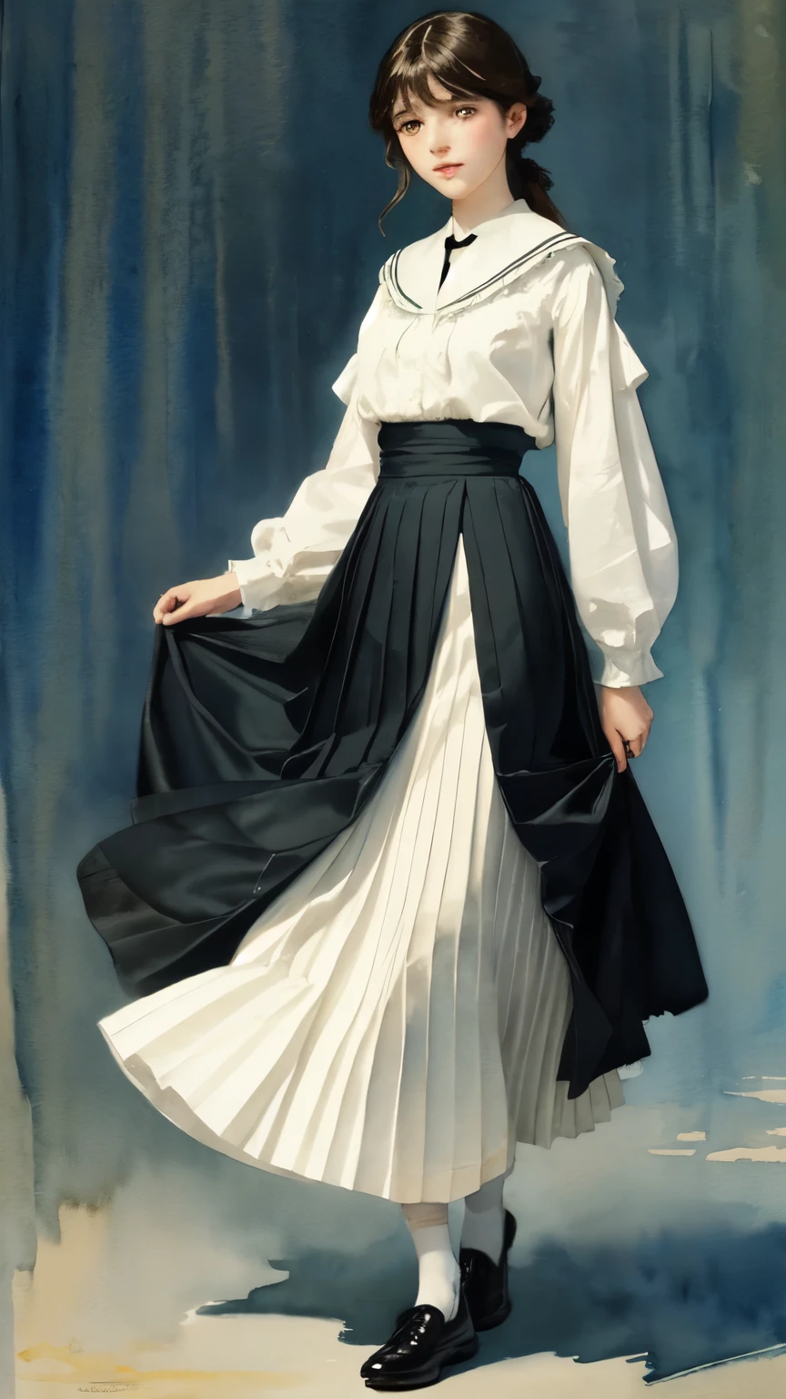 ((Watercolor painting by Singer Sargent))、Impressionist style painting、art of edouard bisson、(highest quality、masterpiece)、1 girl,alone,whole body、(portrait:1.2),white serafuku,uniform,long skirt、black pantyhose,green sailor collar,Green pleated skirt,shoes,short dark brown hair,(vintage, classic)、(no background)、deep dark background、