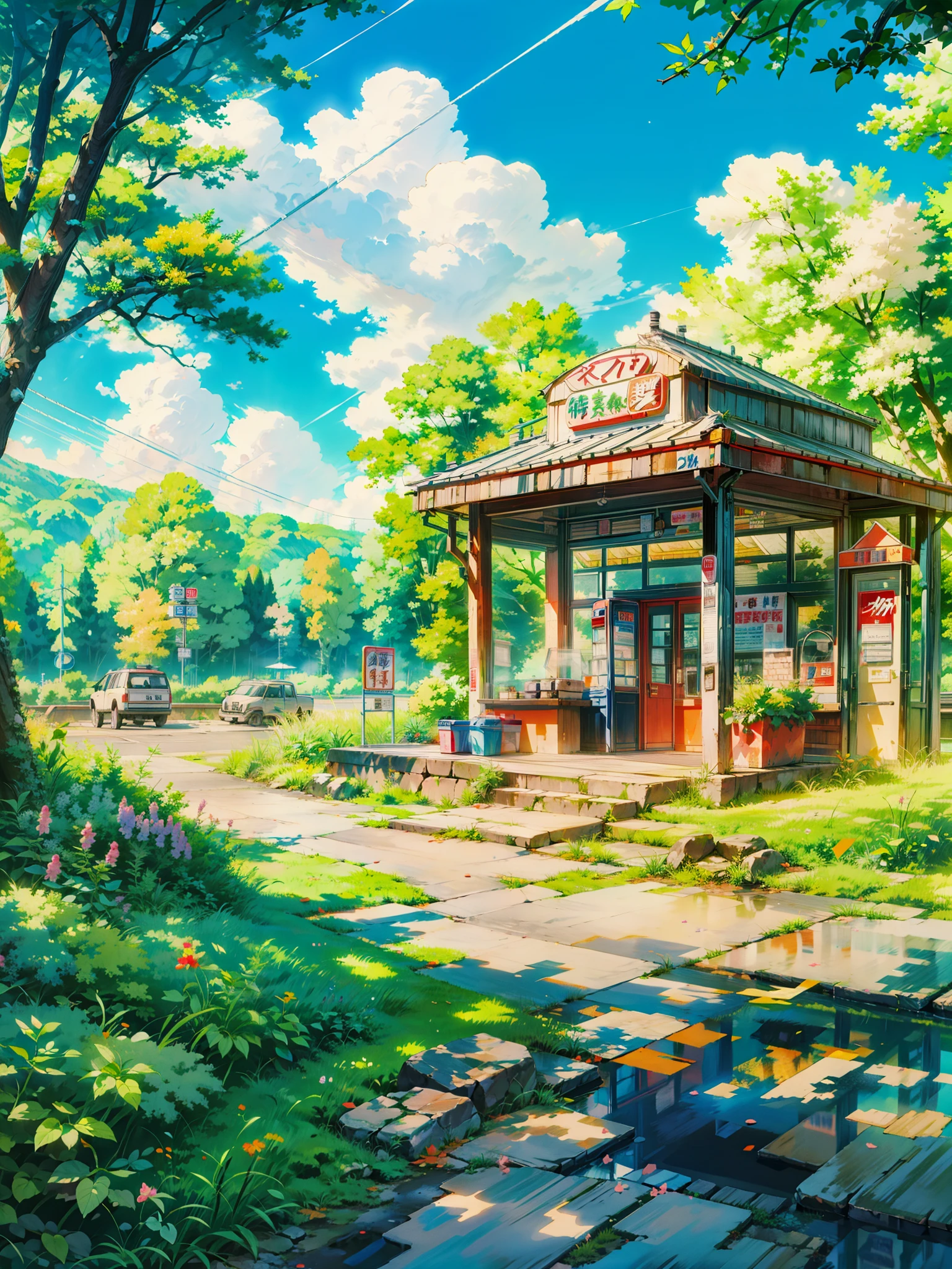 a gas station in the middle of a forest, anime scenery, anime countryside landscape, anime beautiful peace scene, gas station, anime nature, anime landscape, anime nature wallpap, anime movie background, anime. by makoto shinkai, anime scenery concept art, gas station in space, scenery art detailed, beautiful anime scenery, “gas station photography