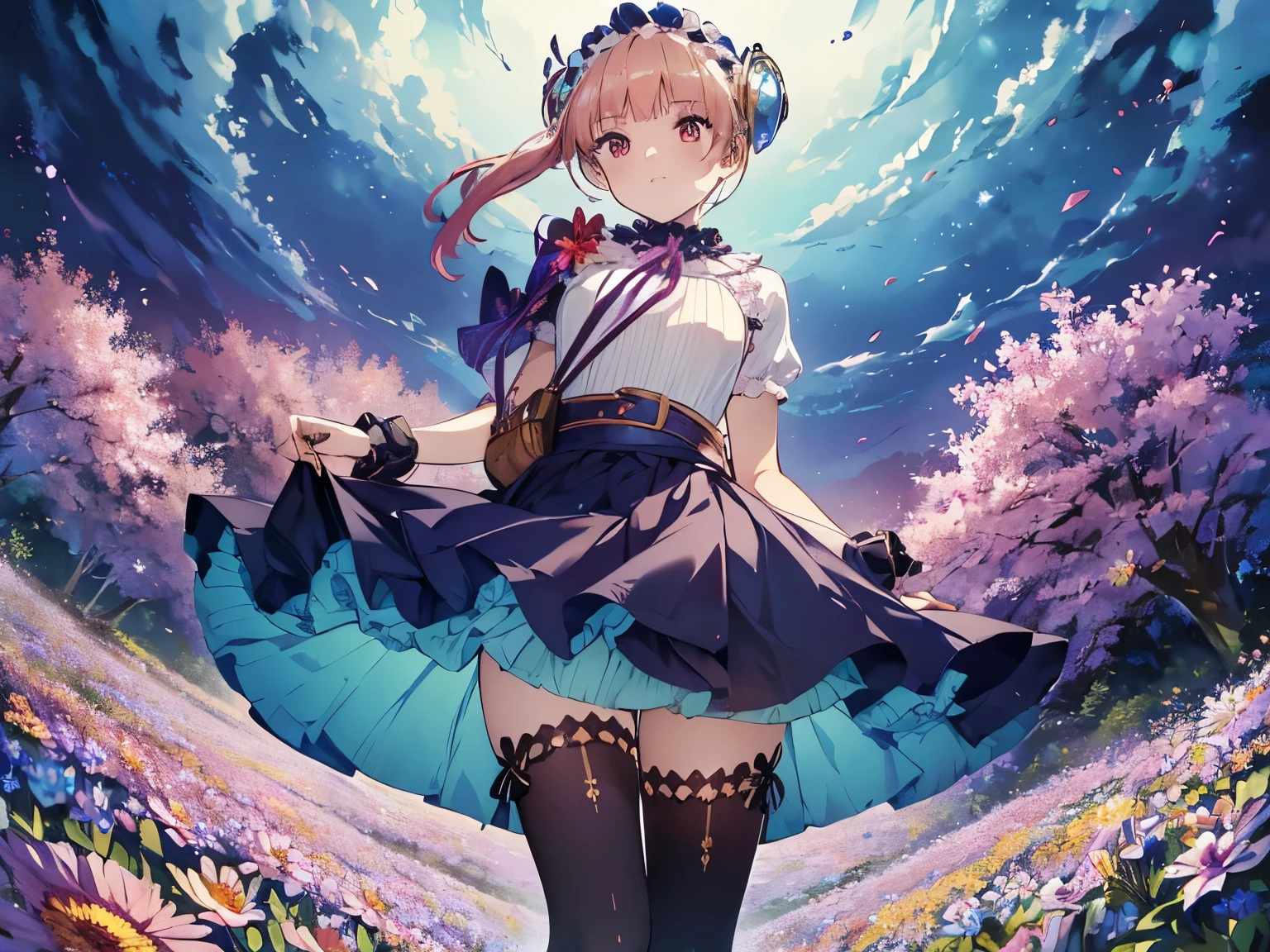 (masterpiece, absurd quality, best quality, official art, beautiful and aesthetic:1.2), 16K, extreme detailed, digital art, (colorful:1.3), highest detailed, (vivid color:1.3), by famous artist, (transform sequence), dynamic angle, landscape, scenery, flower, dim, (flower field:1.5), (soro:1.5), (1girl:1.5), (lydie:1.3), lipstick, eyelashes, extremely detailed face, eyelashes, extremely detailed face, (perfect legs, perfect hands, perfect anatomy:1.1), depth of field, beautiful lighting, (floating hair:1.3), detailed skin, shiny, (suspended:1.5), (Uplifting:1.5), shiny skin, shiny hair, shiny face, shiny skin, (voluminous frills skirt,:1.5) ,(voluminous panniers in skirt:1.5), dappled sunlight, particles of light, abstract background, (smail:1.3), small breasts. thick outline, full body, realistic, (from below:1.3),