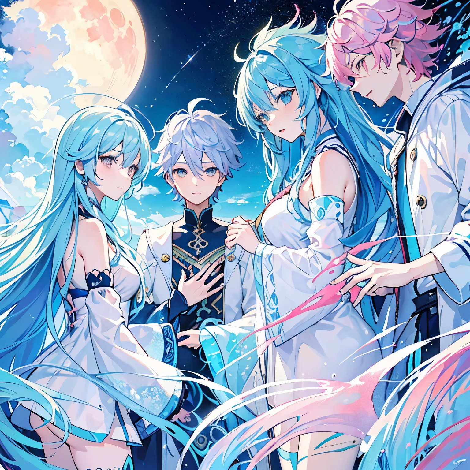 ((Highest quality)), ((masterpiece)), (detailed), 1Men、Light blue hair、Light blue eyes、Light blue hoodie、Handsome、cool、Double Peace、Gal Peace、smile