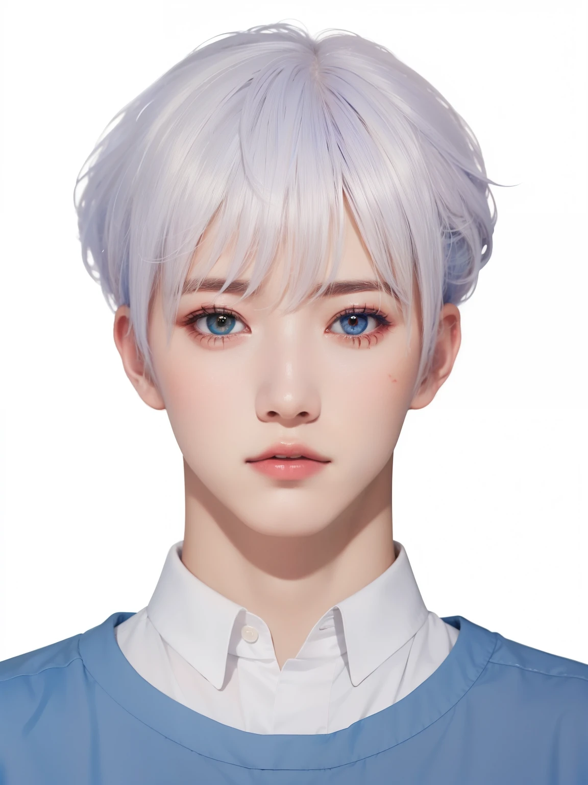 a photo of a boy with white hair and a blue shirt, inspirado en Yanjun Cheng, Retrato realista kawaii, guweiz, obra de arte al estilo de guweiz, cai xukun, kpop idol photo, sakimichan frank franzzeta, sakimichan, retrato nft, guweiz en pixiv artstation, lindo