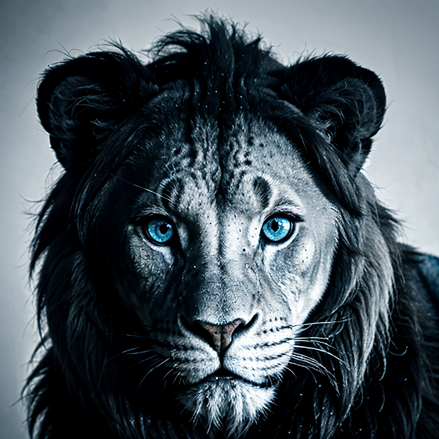 Lion face in black and white color with blue eyes 