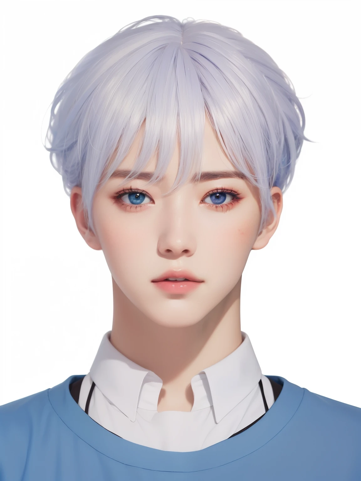 a photo of a boy with white hair and a blue shirt, inspirado en Yanjun Cheng, Retrato realista kawaii, guweiz, obra de arte al estilo de guweiz, cai xukun, kpop idol photo, sakimichan frank franzzeta, sakimichan, retrato nft, guweiz en pixiv artstation, lindo