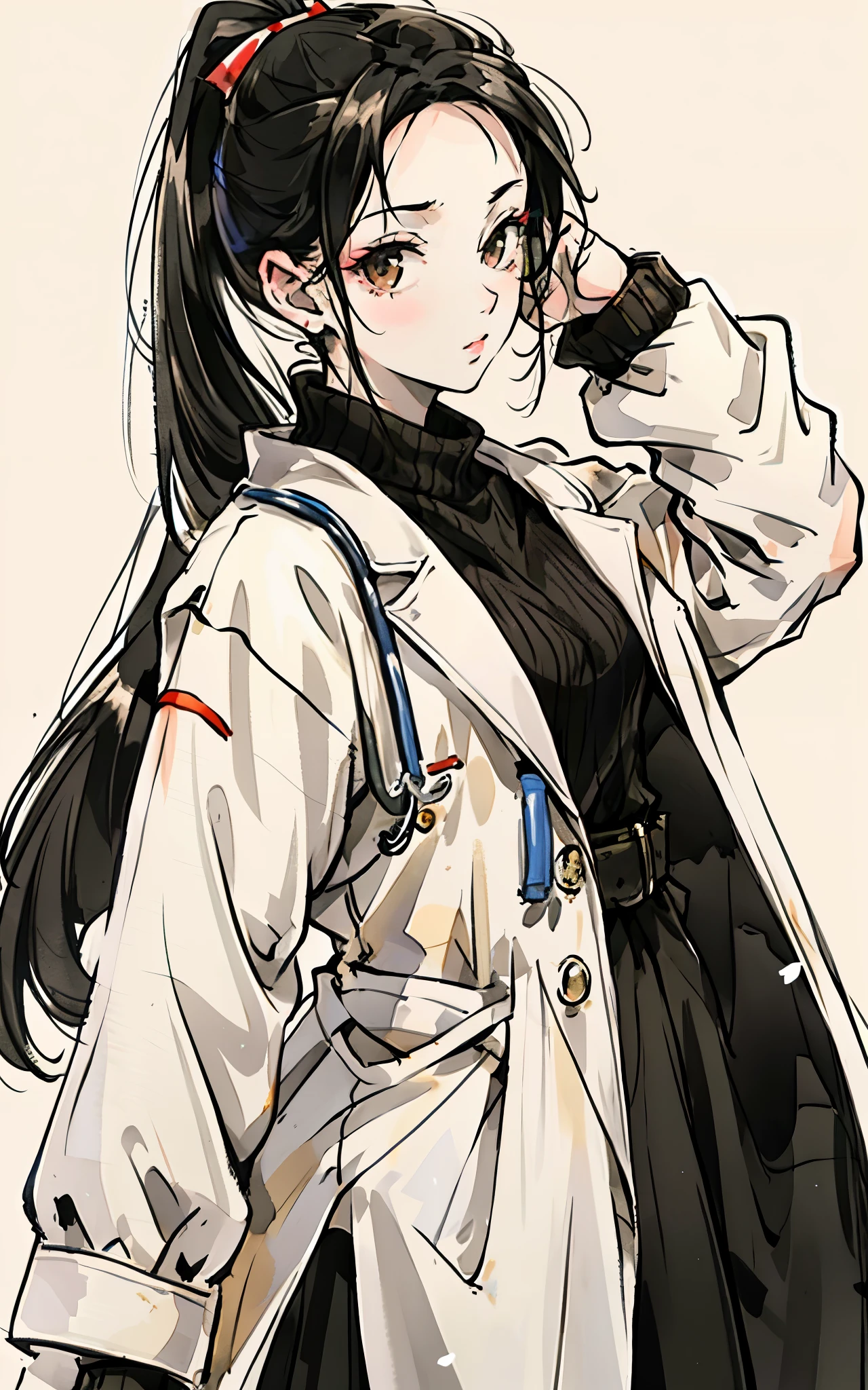 woman,black hair,doctor,single ponytail,white coat