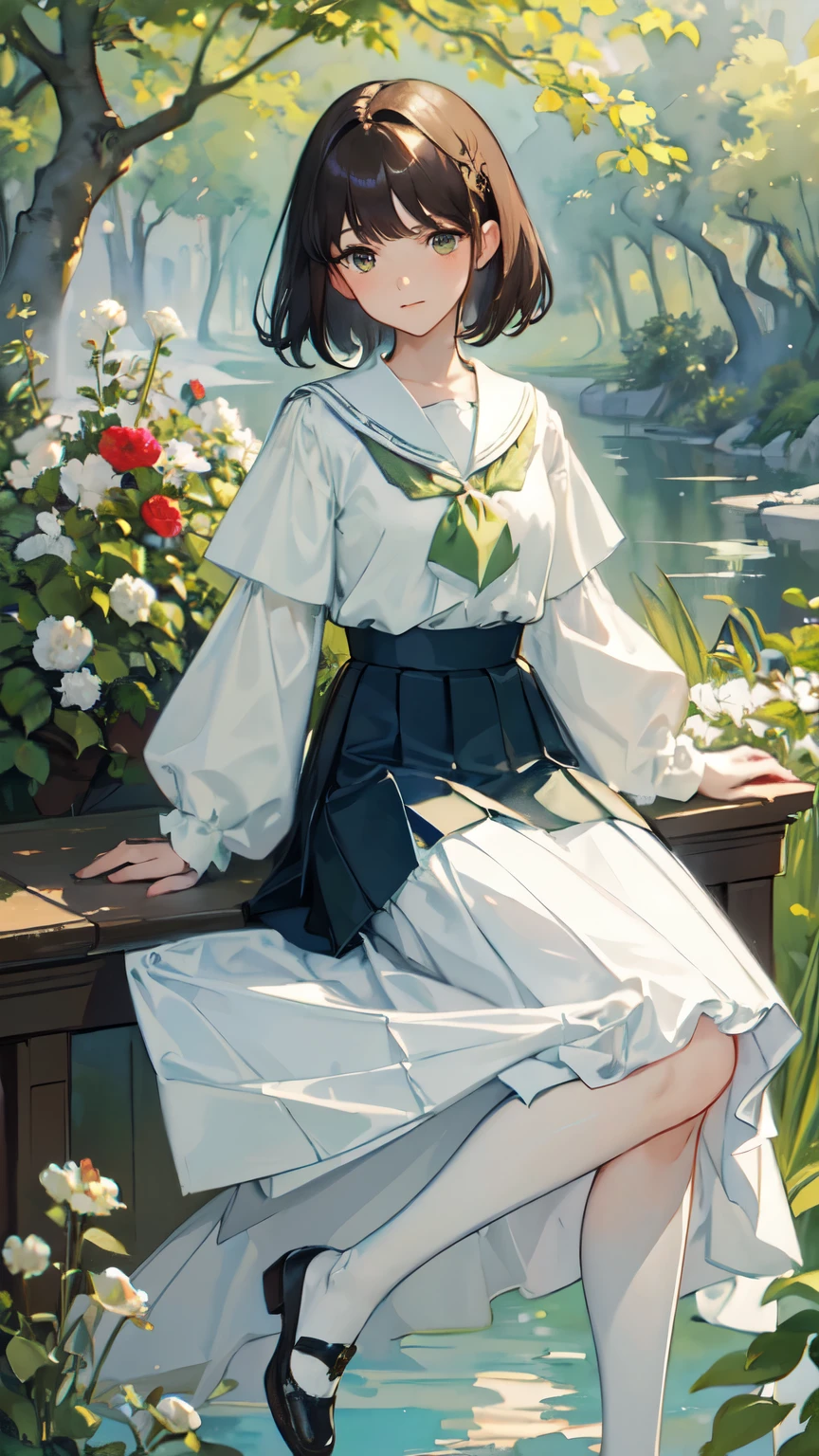 ((Watercolor painting by Singer Sargent))、Impressionist style painting、art of edouard bisson、(highest quality、masterpiece)、1 girl,alone,whole body、(portrait:1.2),white serafuku,uniform,long skirt、black pantyhose,green sailor collar,Green pleated skirt,shoes,short dark brown hair,(vintage, classic)、(no background)、deep dark background、