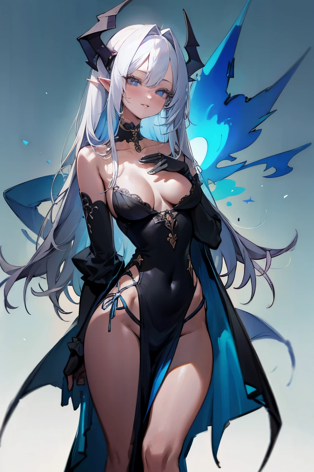 ((Sketch)), (Watercolor), 1girl, long white hair, messy hair, (four demon horns), demon tail, light blue eyes, beautiful eyes, pointy ears, detailed lips, smirk, choker, collarbone, bare shoulders, large breast, wide hips, (black revealing clothes with blue ornate), (long pelvic curtain), center opening, thigh gap, black fingerless gloves, (blue flames, blue fire background), hip dips, thick thighs, perky breasts