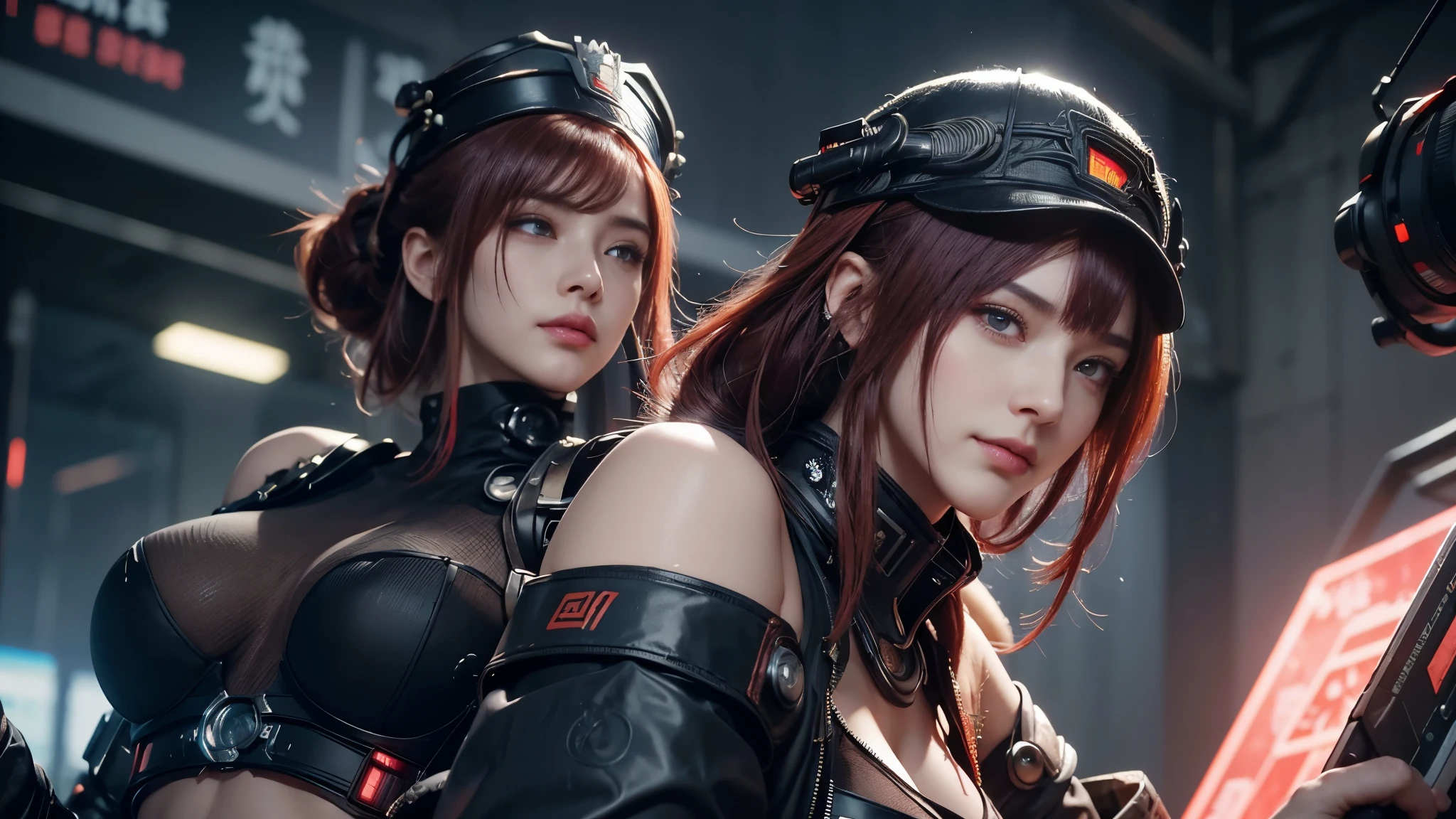 high quality,high resolution,masterpiece,8k,(Hyper-realistic photos),(portrait),digital photography,(Realism:1.4),20 year old girl,Exquisite facial features,purple eyes,red eye shadow,((Cyberpunk style Chinese warrior)),Random hairstyle,(red hair),big breasts,split,(Cyberpunk battle suit that combines science fiction and ancient style,hollow-carved design,Metal shoulder pads,Intricate clothing patterns,bamboo hat),(Show belly button),shut your mouth,frown,Smile,Cold and serious,Extremely meticulous expression,real details,light magic,photo poses,oc render reflection texture