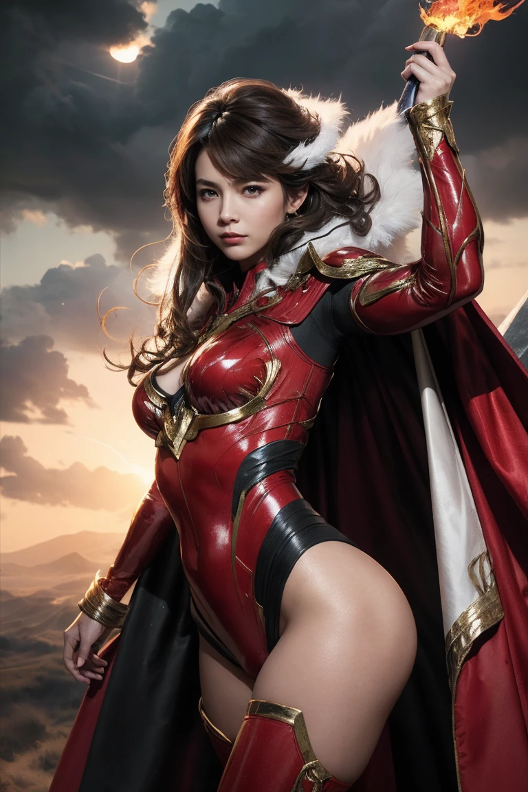 highest quality, masterpiece, realistic, High resolution, 8K RAW写真, 1 girl、long hair、goddess、Raise your decorated sword、((glamor body:1.3))、(Red bodysuit with flame motif、gold edge、white cloak)、silver pendant、silver earrings、(((action pose)))、(planet where the sun can be seen)、(many clouds in the sky）