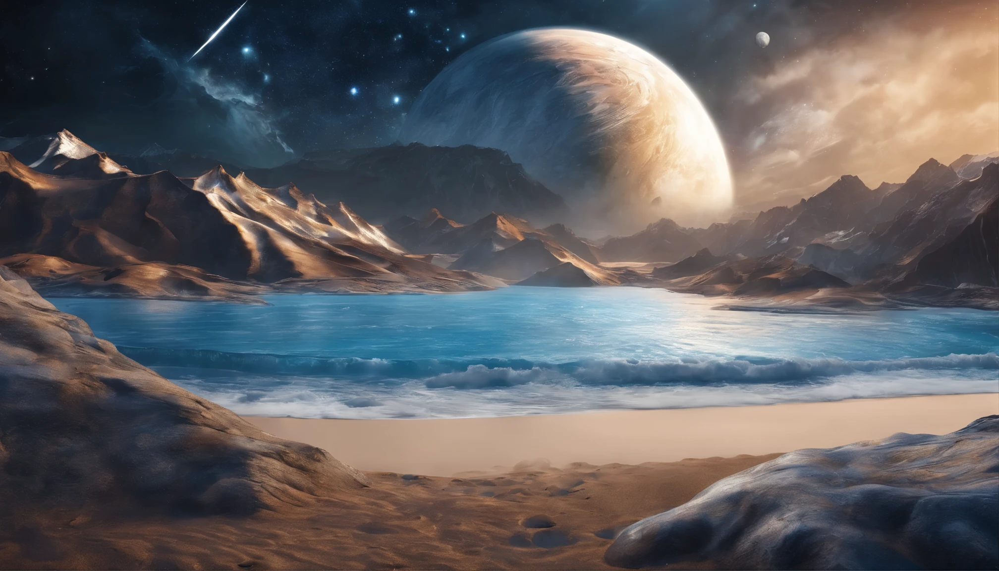 huge planet, night, starry sky, surrealism, table top, High resolution、impressive milky way:1.9、sandy beach、blue sea、Drift ice、lightning:1.9、snow mountain everest