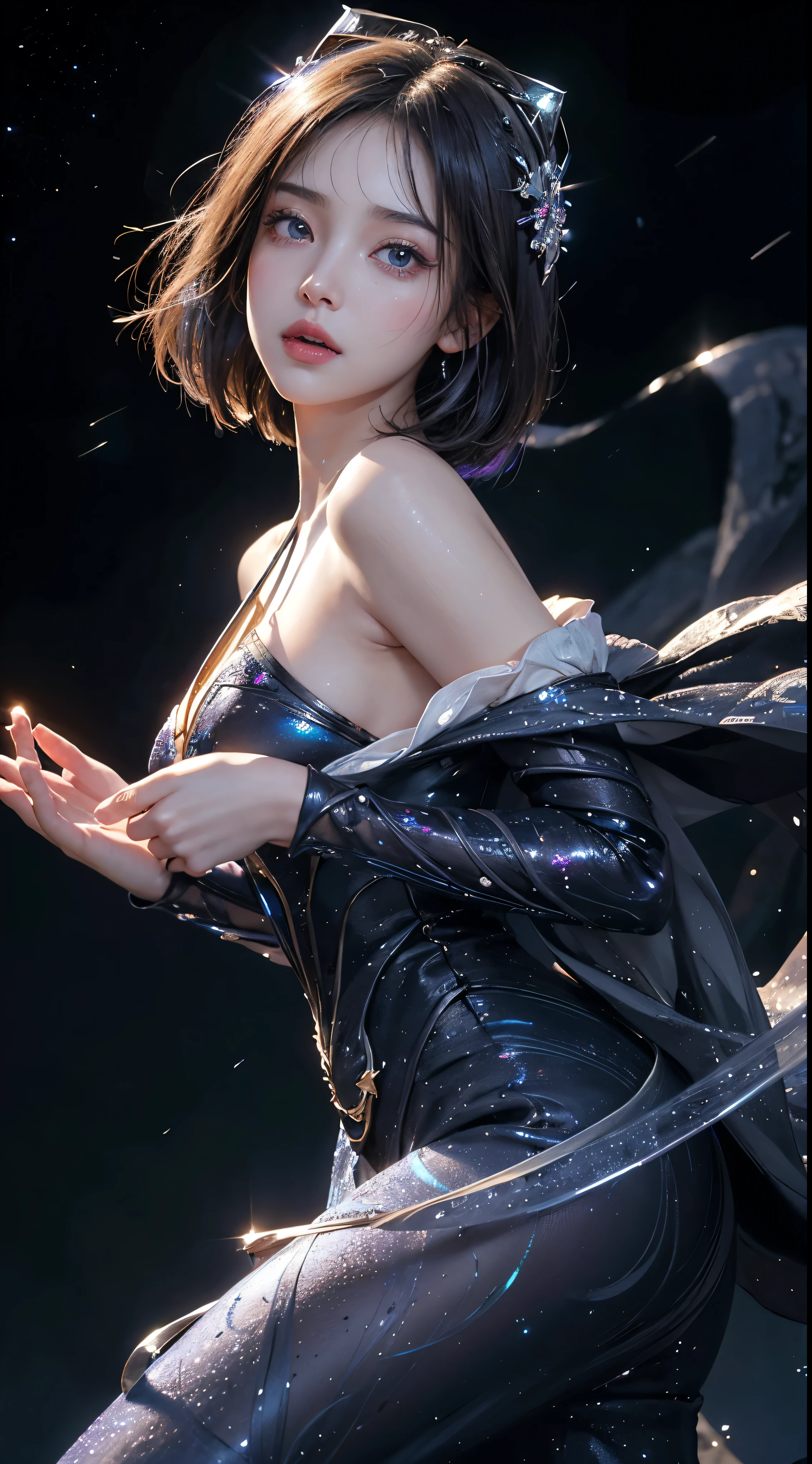 masterpiece, 1 beautiful girl, finely tuned, puffy eyes, highest quality, 超A high resolution, (reality: 1. 4), cinematic lighting, Japanese, asian beauty, Korean, really beautiful, beautiful skin, thin, body facing forward, (超reality的な), (High resolution), (8k), (very detailed), ( best illustrations), (detailed and beautiful eyes), (Super detailed), (wallpaper), detailed face, bright lighting, professional lighting、 Behold、look straight ahead、neat clothes、short hair、black hair、Pure erotic face ace_v1、46 point diagonal bangs、Bright galaxies、Chiaroscuro Nebula、ruined galactic war、Star systems to be swallowed、Texture confusion、Cosmic chaos、Bending the fabric of the nebula itself、Dangerous terrain、technology and magic、 bright stardust vine、dark swirling nebula、cosmic energy、爆発するshine星雲、a dazzling burst of light、Illuminated Nebula、mature woman、mysterious beauty、Finely drawn elegant silver hair、Elaborately drawn elegant silver eyes、tired look、sweaty face、 (Beautiful symmetrical eyes), (Beautiful eyes drawn in detail), (Beautiful, lively eyes with large highlights), (bright eyes), (Intricately drawn facial features), (intricately drawn facial expressionysterious beauty), (シミのないshine肌), (costumes with intricate embroidery), (perfect hands), (correct anatomy)、Hair color is black、
starry sky nebula colorful,shine(Glow Phi)