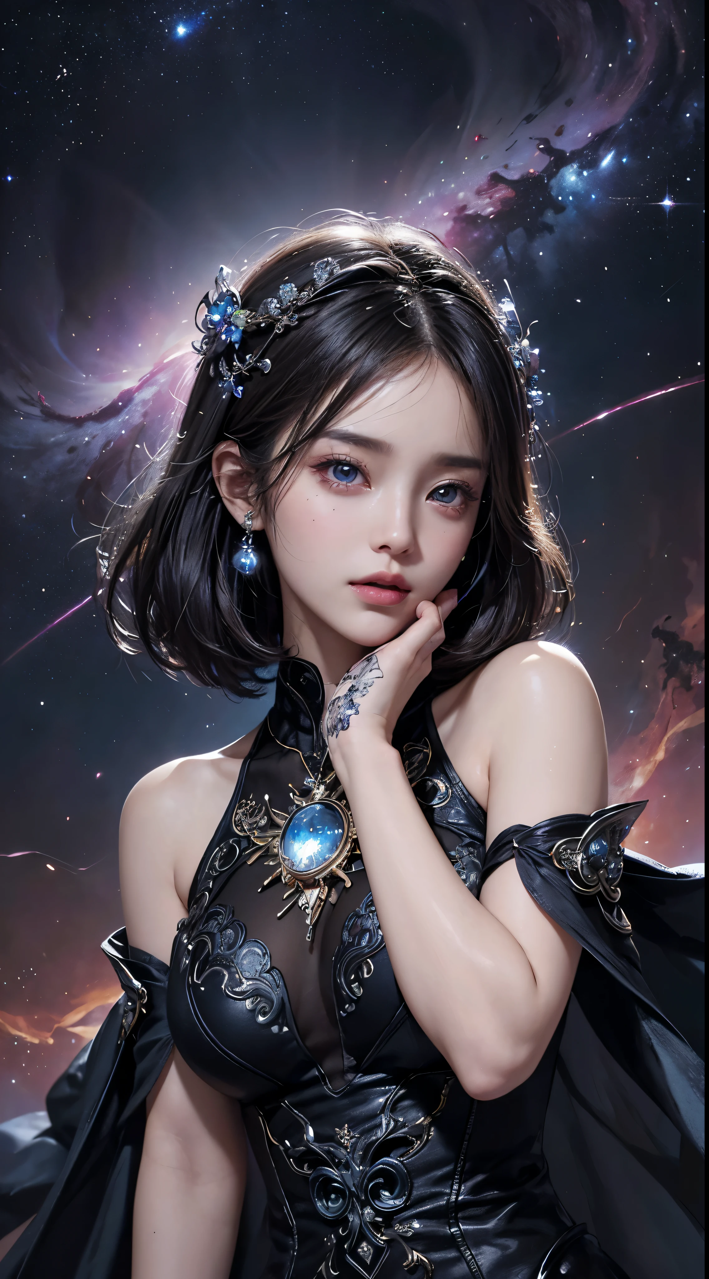masterpiece, 1 beautiful girl, finely tuned, puffy eyes, highest quality, 超A high resolution, （reality: 1. 4), cinematic lighting, Japanese, asian beauty, Korean, really beautiful, beautiful skin, thin, body facing forward, (超reality的な), (High resolution), (8k), (very detailed), ( best illustrations), (detailed and beautiful eyes), (Super detailed), (wallpaper), detailed face, bright lighting, professional lighting、 Behold、look straight ahead、neat clothes、short hair、black hair、Pure erotic face ace_v1、46 point diagonal bangs、Bright galaxies、Chiaroscuro Nebula、ruined galactic war、Star systems to be swallowed、Texture confusion、Cosmic chaos、Bending the fabric of the nebula itself、Dangerous terrain、technology and magic、 bright stardust vine、dark swirling nebula、cosmic energy、爆発するshine星雲、a dazzling burst of light、Illuminated Nebula、mature woman、mysterious beauty、Finely drawn elegant silver hair、Elaborately drawn elegant silver eyes、tired look、sweaty face、 (Beautiful symmetrical eyes), (Beautiful eyes drawn in detail), (Beautiful, lively eyes with large highlights), (bright eyes), (Intricately drawn facial features), (intricately drawn facial expressionysterious beauty), (シミのないshine肌), (costumes with intricate embroidery), (perfect hands), (correct anatomy)、Hair color is black、
starry sky nebula colorful,shine(Glow Phi)