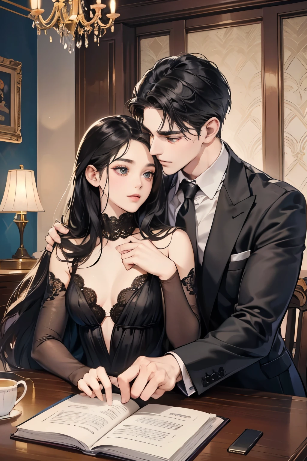 (table top, digital art, digital illustration, 4k, 8k, Super detailed, beautiful images, clear image, realistic, RAW photo, perfect face, perfect lines, perfect eyes,) 1 female, (long black hair,straight hair,bullish look,Beautiful woman,suit,solid makeup,small breasts、23 year old female,:1.3),secretary, suitを着たハンサムな男性 2 人, (human,suitを着た男,muscular,solid shoulder width, human,boyish hairstyle,british gentleman&#39;s style,A man in his 30s with a cool expression,28 year old man with a bright smile:1.2),night office scene,antique furniture,antique clamp,antique chair,chandelier,party、couple、coupleキス、romance、romanceポルノ、look at each other、hug each other