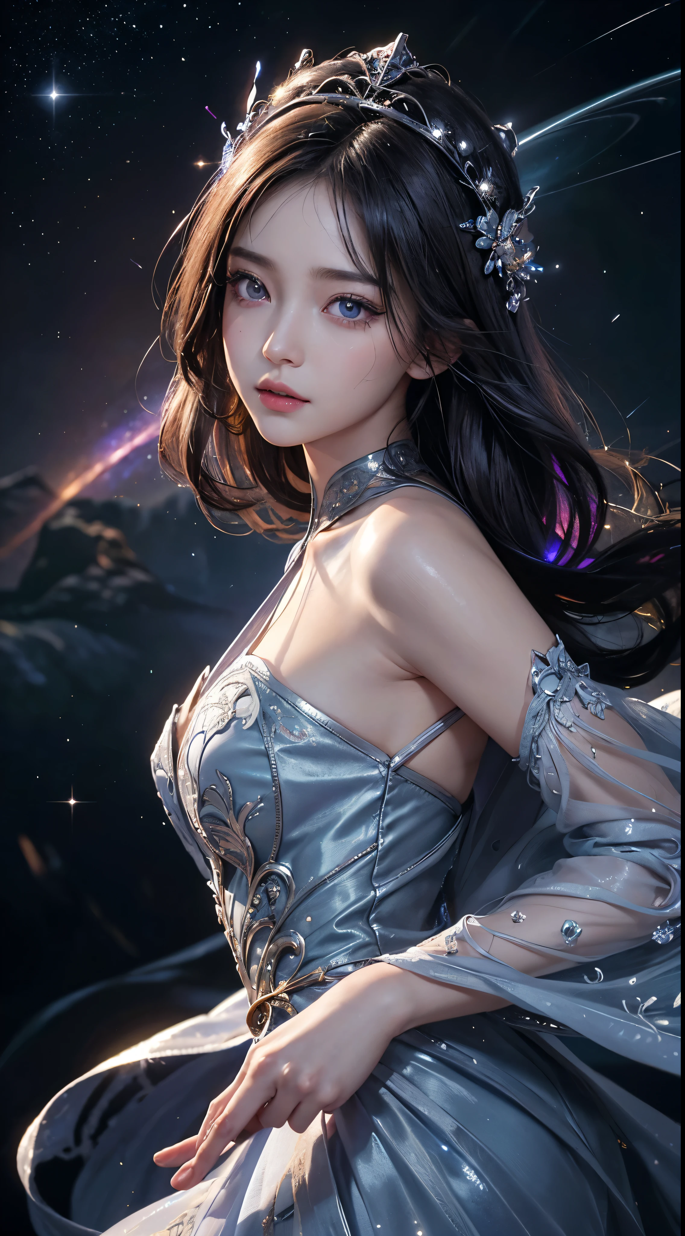 masterpiece, 1 beautiful girl, finely tuned, puffy eyes, highest quality, 超A high resolution, (reality: 1. 4), cinematic lighting, Japanese, asian beauty, Korean, really beautiful, beautiful skin, thin, body facing forward, (超reality的な), (High resolution), (8k), (very detailed), ( best illustrations), (detailed and beautiful eyes), (Super detailed), (wallpaper), detailed face, bright lighting, professional lighting、 Behold、look straight ahead、neat clothes、short hair、black hair、Pure erotic face ace_v1、46 point diagonal bangs、Bright galaxies、Chiaroscuro Nebula、ruined galactic war、Star systems to be swallowed、Texture confusion、Cosmic chaos、Bending the fabric of the nebula itself、Dangerous terrain、technology and magic、 bright stardust vine、dark swirling nebula、cosmic energy、爆発するshine星雲、a dazzling burst of light、Illuminated Nebula、mature woman、mysterious beauty、Finely drawn elegant silver hair、Elaborately drawn elegant silver eyes、tired look、sweaty face、 (Beautiful symmetrical eyes), (Beautiful eyes drawn in detail), (Beautiful, lively eyes with large highlights), (bright eyes), (Intricately drawn facial features), (intricately drawn facial expressionysterious beauty), (シミのないshine肌), (costumes with intricate embroidery), (perfect hands), (correct anatomy)、Hair color is black、
starry sky nebula colorful,shine(Glow Phi)