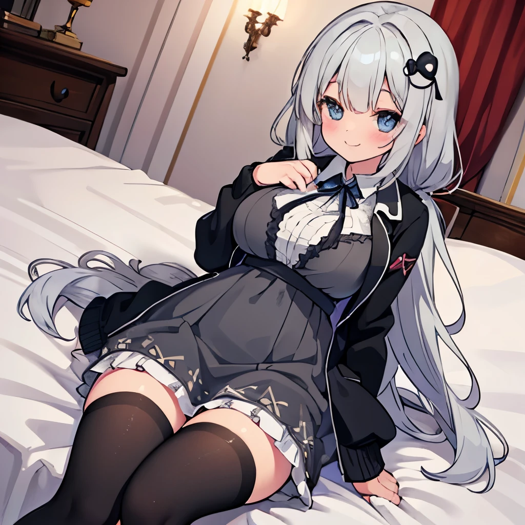 Young girl with grey hair, ((fringed and curly hair)),((curly short twintail)), curly hair ,(red eyes),, ((small bushy eyebrows)), wearing gothic lolita clothing, lolicon , walking to school, bored look, bored face, , lifting her skirt to show her vagina wet with semen, having sex
