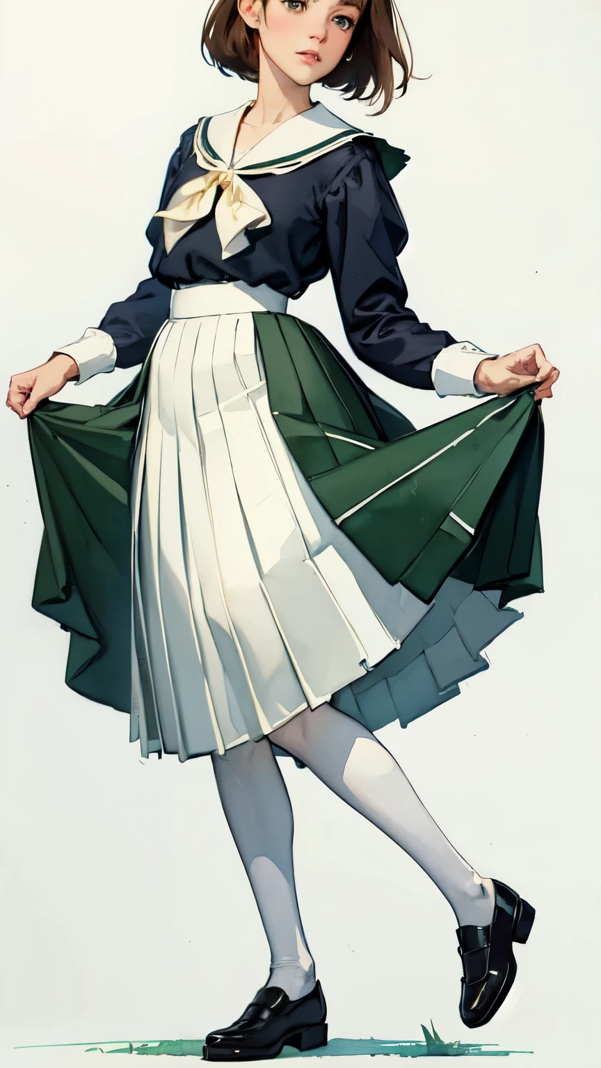 ((Watercolor painting by Singer Sargent))、Impressionist style painting、art of edouard bisson、(highest quality、masterpiece)、1 girl,alone,whole body、(portrait:1.2),white serafuku,uniform,long skirt、black pantyhose,green sailor collar,Green pleated skirt,shoes,short dark brown hair,(vintage, classic)、(no background)、((white background))、
