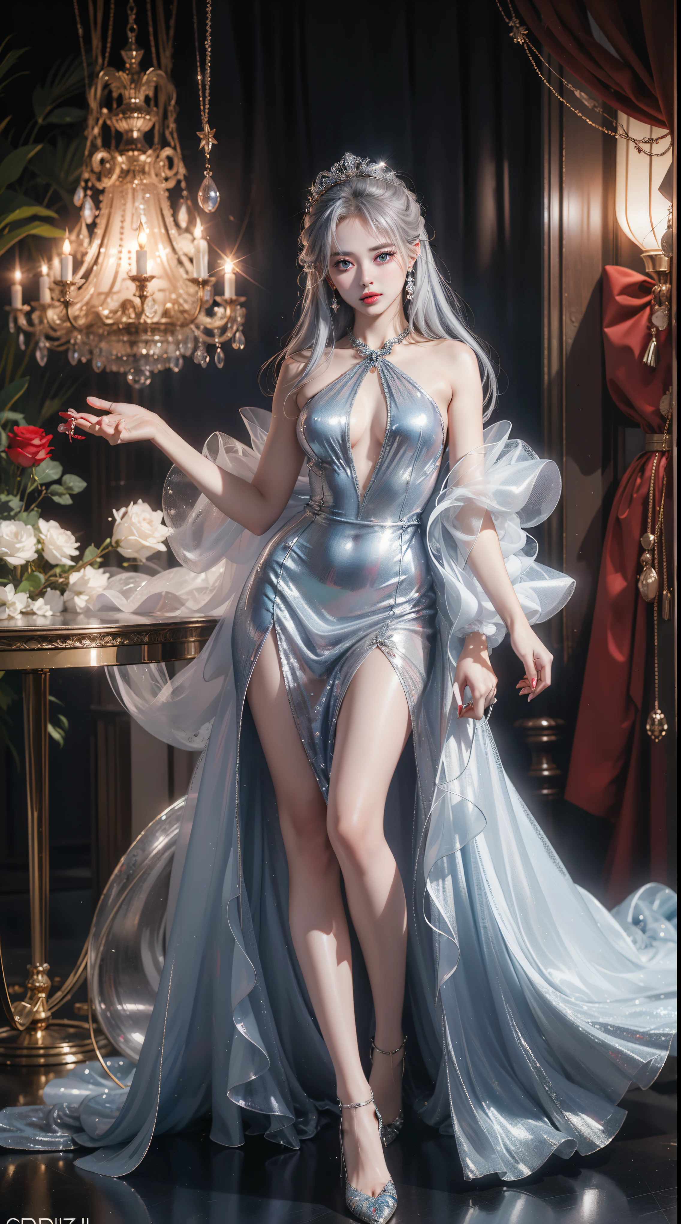 top quality work,Real work,Ultra premium graphics,8K HD CG作品,high quality graphics,High-definition CG works,10x pixels,super fine details:1.1,Advanced technical details:1.1Real as a photo,indoor lighting effects:1.5,Natural light:1.5. light effect(virtual light effect:1.8),超A high resolution,shiny blue dress,長いsilver hair,silver hair,transparent hair,high detail hair(premium hair detail:1.1)clear eyes,beautiful double eyelids,sharp eye makeup, delicate eyelash makeup, thin eyebrows, highly detailed eyes,high nose, nice red lips, rose cheeks, A face with delicate makeup , cute face, perfectly proportioned face,(Advanced facial details:1.1)Collection of shiny blue luxury dresses,blue sequin dress,sequin coat,shiny,tight long skirt,Summer Sexy Hip Wrap Fishtail Sleeveless Commuter Maxi,horse stockings 100%Oil Gloss Pantyhose Gloss Silk Cluster 8D Black Silk Woman,stiletto heels,beautiful long dress,wonderfulドレス,bright red series,haute couture dress collection,dress photography,authentic dress work,At the banquet hall,woman'artwork of,full body figure,goddess of dresses,realism,wonderful,My eyes are shining today