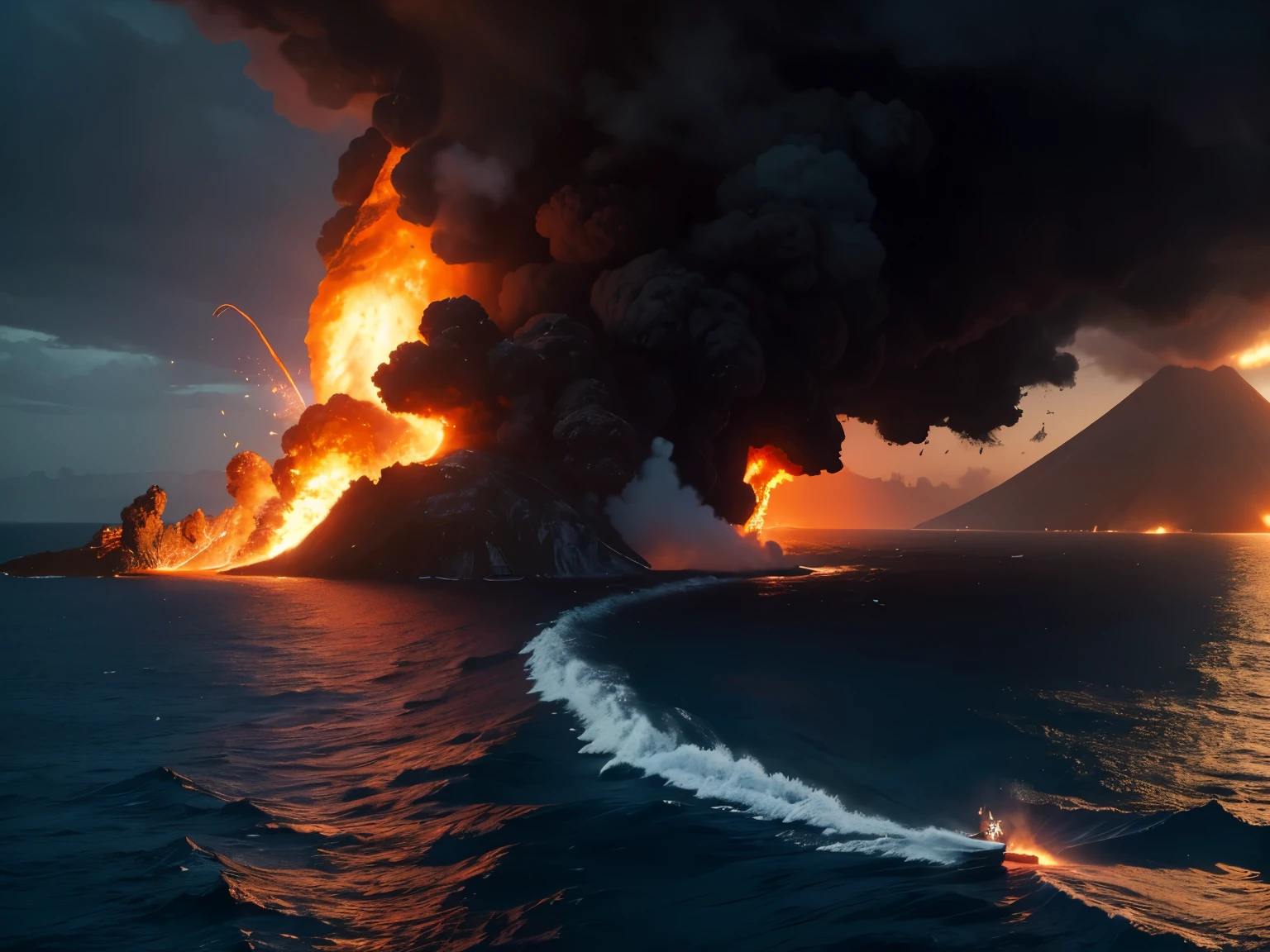 (best quality,4k,highres),aerial view,eruption of submarine volcano,flowing lava pouring into the sea,intense steam,yacht,dramatic scenery,natural disaster,ocean,vivid colors,dangerous situation,adventure,horizon,orange and red hues,magnificent,awe-inspiring,destructive forces,awe-inspiring power of nature,chaotic,spectacular eruption,boats navigating the treacherous waters,fearless sailors,breathtaking scene,contrast between calm and violent,smoke and ash,risky expedition,captivating sight,irresistible attraction