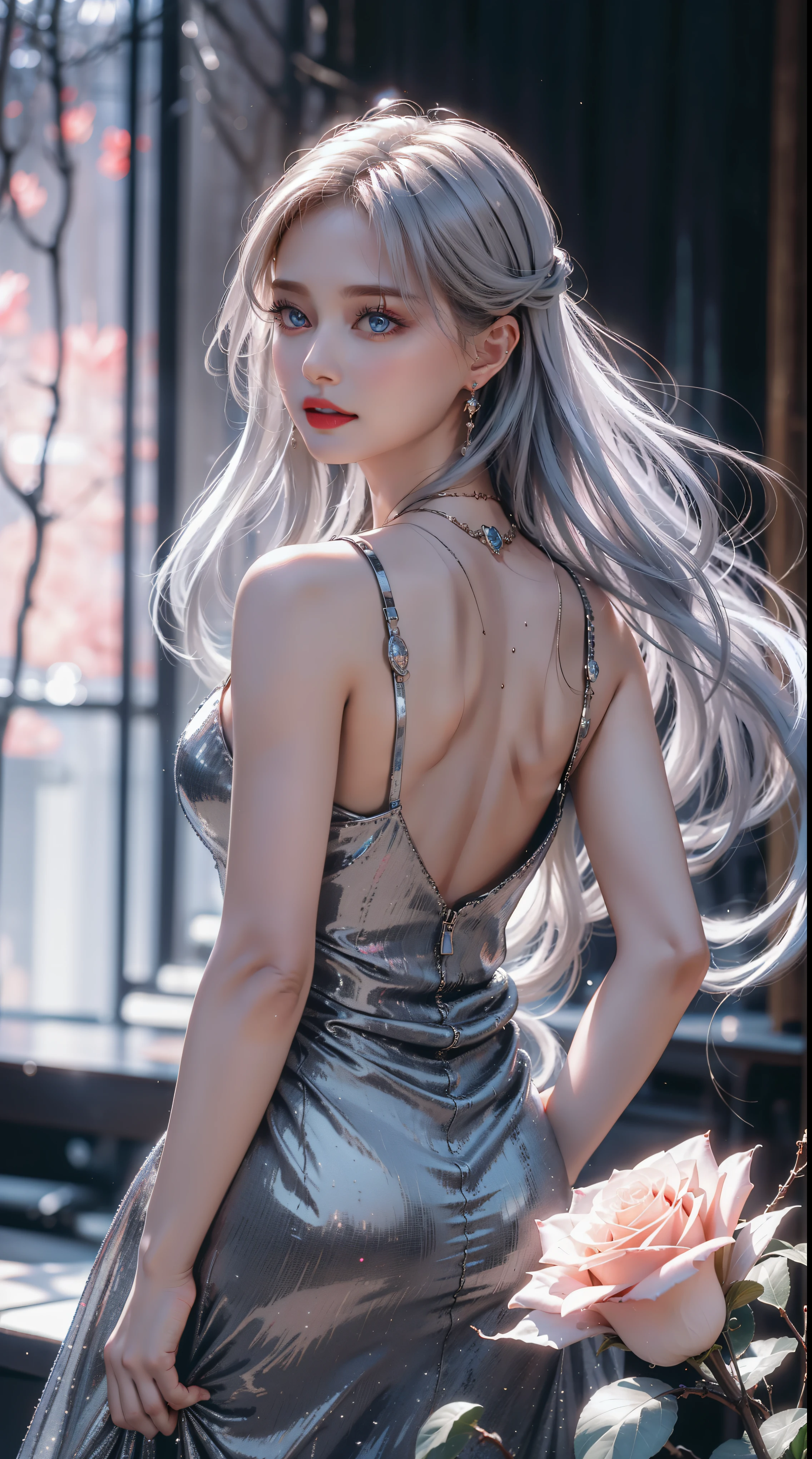13 year old girl, Alone, Long gray hair, , view the viewer, Blonde hair, shoulder, Brown eyes, jewely, Full body lesbian, choker necklace, cropped shoulders, silk drees, Open lips, actual, nase, flirting with the camera