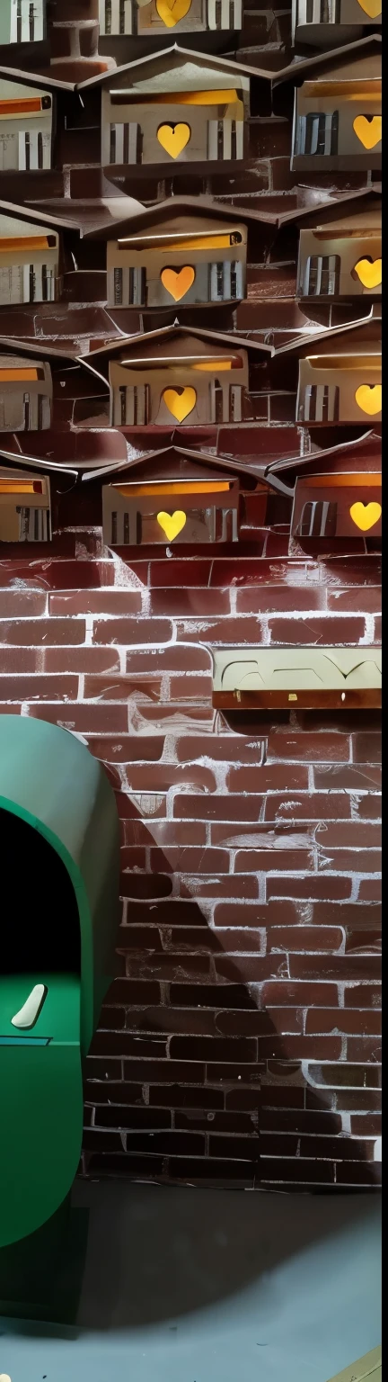 background,wall mailbox,green mailbox,red stone brick wall