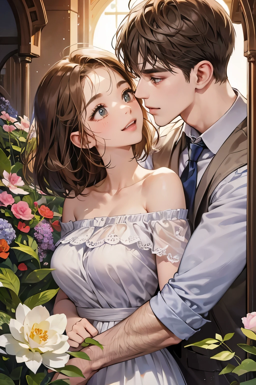 (table top, digital illustration, 4k, 8k, Super detailed, beautiful images, clear image, perfect face, perfect lines, perfect eyes, soft lighting) 1 female, (light brown hair,chignon hair,innocent look,droopy eyebrows,droopy eyes、With a round face,round chin、innocence,cute,Big eyes,natural makeup,smile gently,E cup,23 years old:1.3),Two handsome men in suits, (human,man in suit,muscular、solid shoulder width, boyish hairstyle,A man in his 30s with a cool expression,28 year old man with a bright smile:1.2),garden full of light、lots of flowers、colorful flower light,(embarrassing,shy smile:1.2),kiss、カップルkiss、romance porn、couple of man and woman hugging each other、flower shop