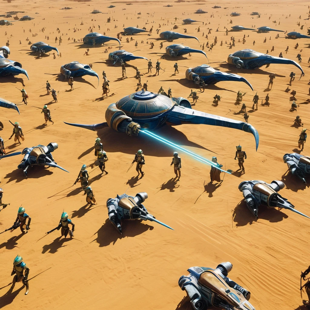 Aerial view of the Gungan army fighting the droid army in Star Wars