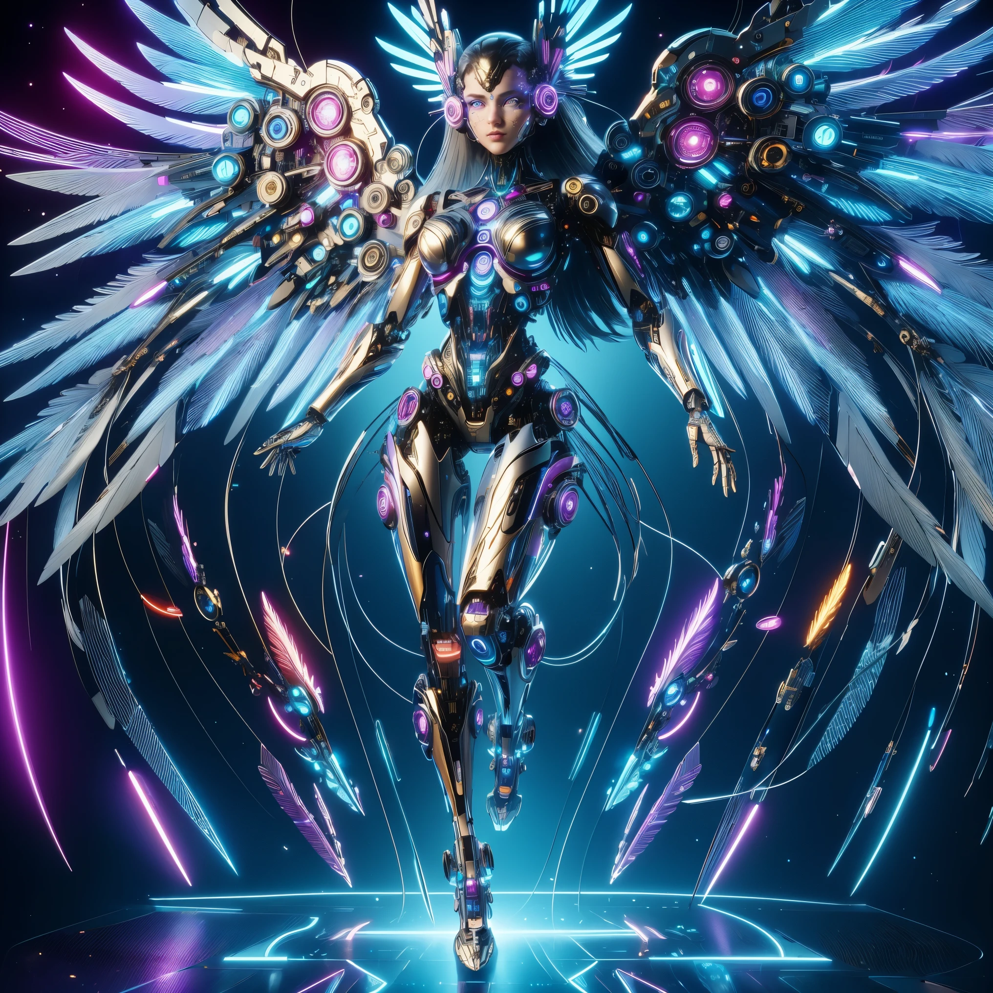 (masterpiece, best quality:1.2), Futuristic, mechanical female angel, high-tech machinery, dreamy radiance, full body, female figure, floating mid-air, intricate craftsmanship, masterpiece, glowing, neon lights, high-tech mechanical parts, mechanical fingers, mechanical wings, mechanical head, metal feathers, cool appearance, mechanical legs, biomimetic eyes, intricate feather design, dreamy radiance, electric blue, bright purple, vividly glowing eyes, reflective metallic surfaces, interlocking mechanical gears, dynamic fashion, motion blur effect, sci-fi atmosphere, aerodynamic streamlined, laser scanning patterns, holographic projection, glowing circuit lines, electric sparks, shiny chrome, (Gray background, simple background:1.5), ((first-person view, pov, eyes looking at the audience))