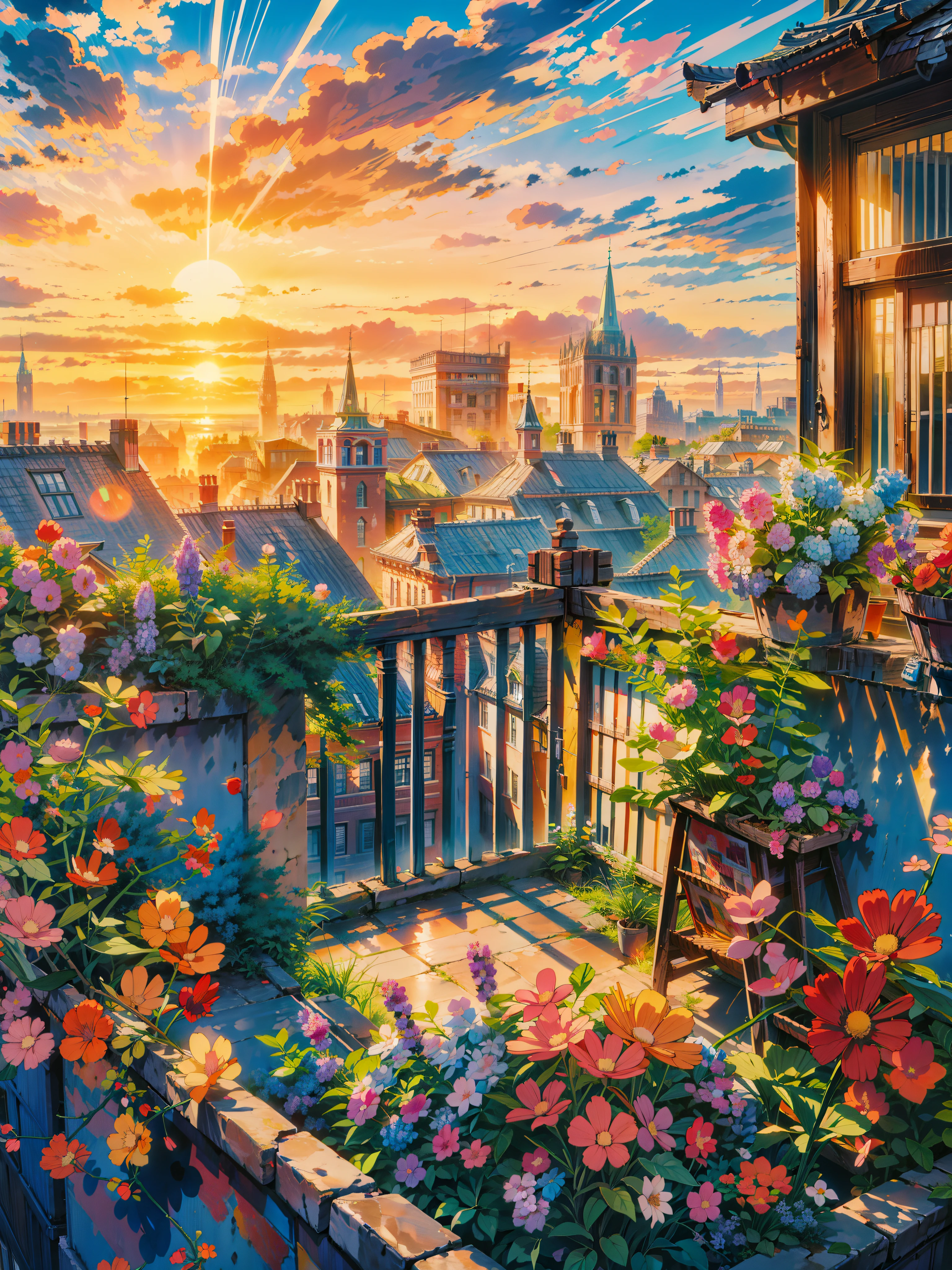 a painting of a sunset over a city, floral sunset, hd anime cityscape, anime scenery, anime landscape, beautiful anime scenery, anime background art, anime scenery concept art, beautiful anime art, tomas kinkade, watching the sun set. anime, beautiful anime artwork, background of flowery hill, beautiful terrace, anime style cityscape, anime beautiful peace scene, no people