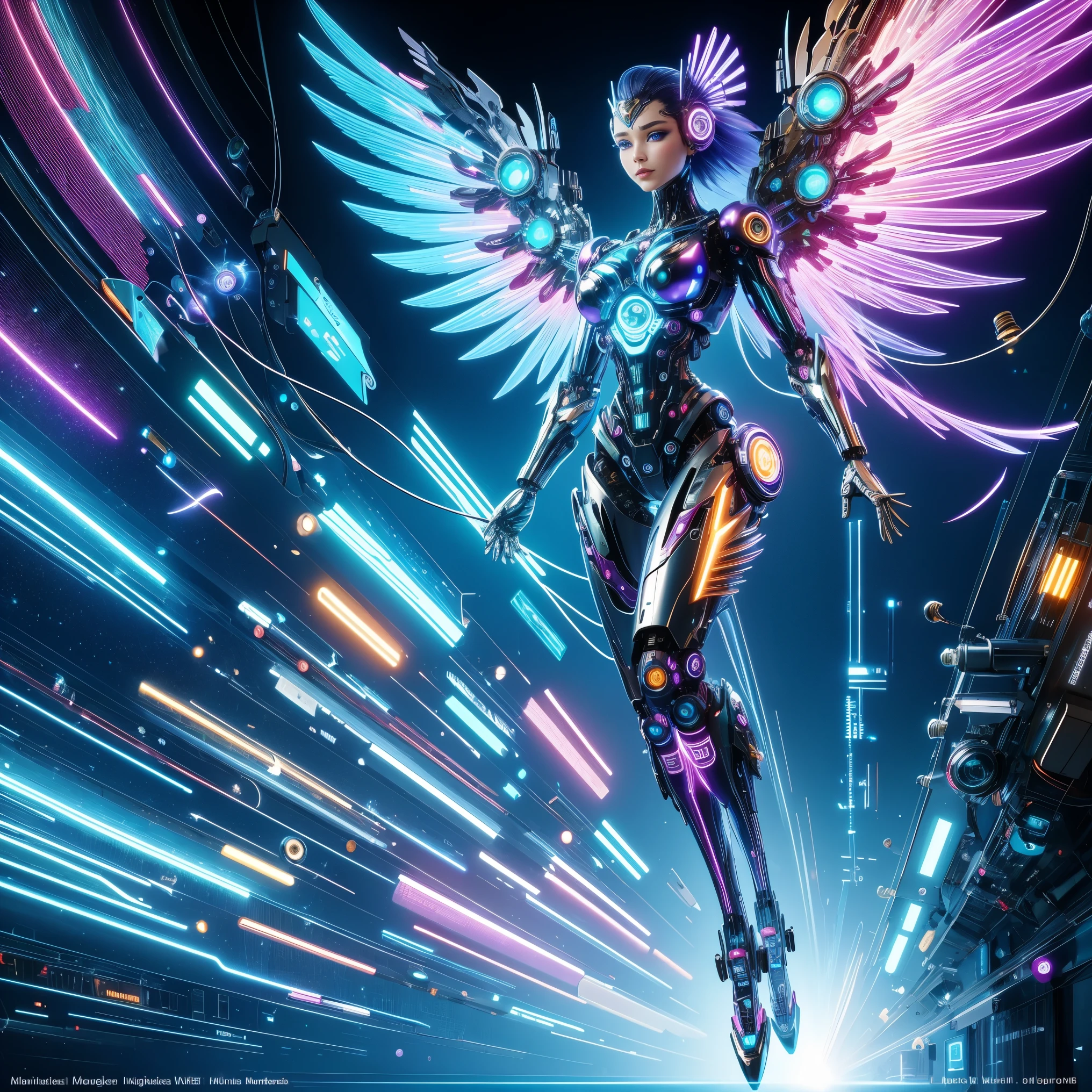 (masterpiece, best quality:1.2), Futuristic, mechanical female angel, high-tech machinery, dreamy radiance, full body, female figure, floating mid-air, intricate craftsmanship, masterpiece, glowing, neon lights, high-tech mechanical parts, mechanical fingers, mechanical wings, mechanical head, metal feathers, cool appearance, mechanical legs, biomimetic eyes, intricate feather design, dreamy radiance, electric blue, bright purple, vividly glowing eyes, reflective metallic surfaces, interlocking mechanical gears, dynamic fashion, motion blur effect, sci-fi atmosphere, aerodynamic streamlined, laser scanning patterns, holographic projection, glowing circuit lines, electric sparks, shiny chrome