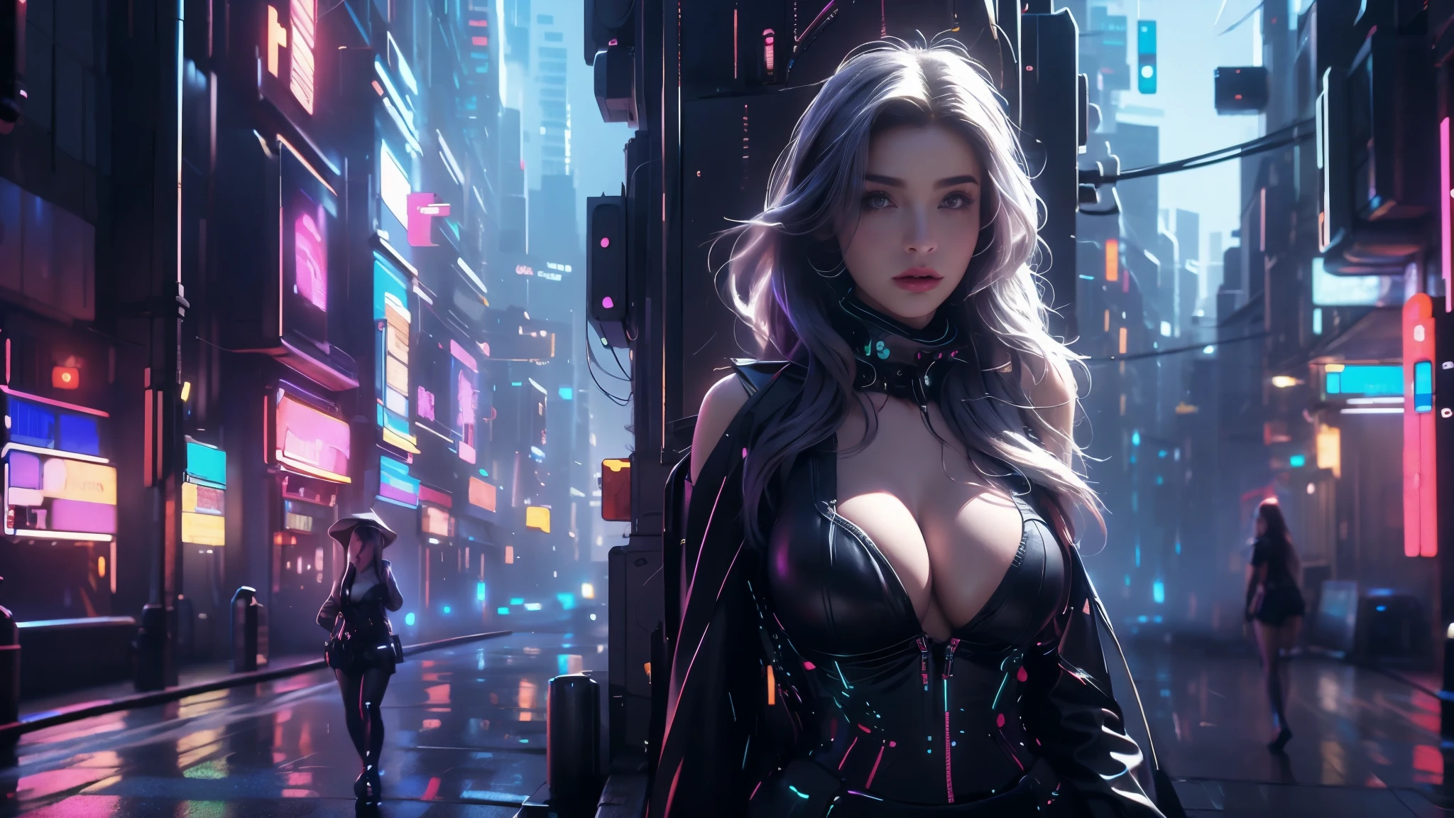 1 policewoman,Solo,(3D realistic), mediuml ,(cleavagce uniforms, hyper HD, 8K,dramaticid-range portrait),looking to the camera,The city of the future,street corner,the night,Sateen,volume fog,steamy,cyber punk perssonage,medium distance photography