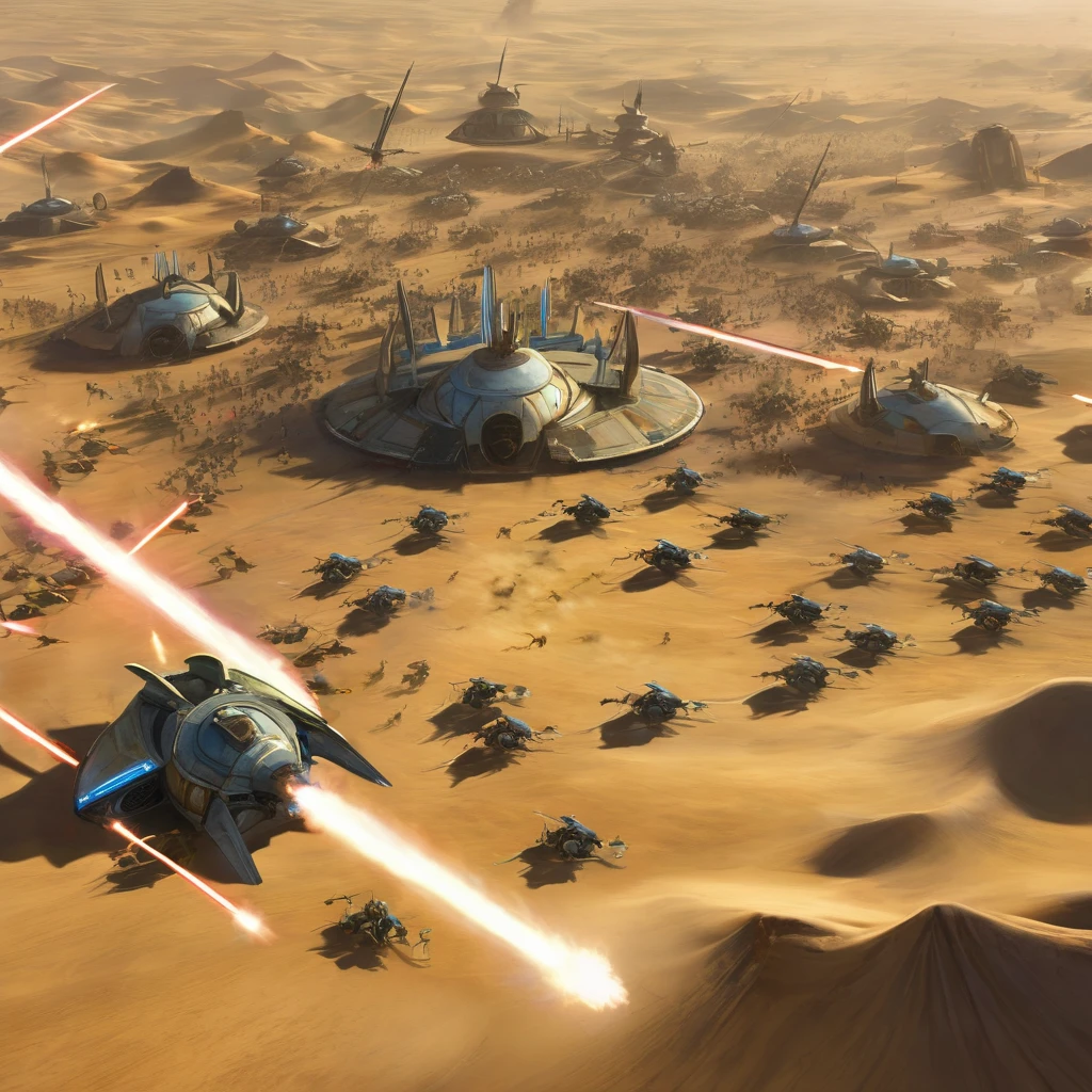 Aerial view of the Gungan army fighting the droid army in Star Wars