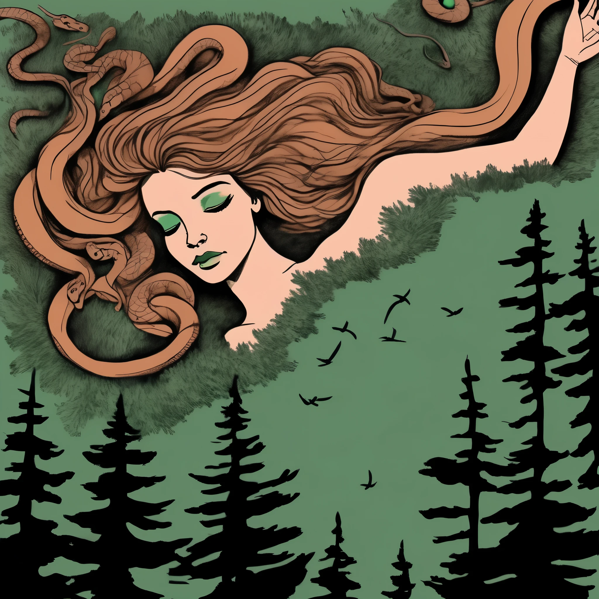 simple line drawing, minimalism, ariel view, high above in the sky, top down view, looking down from above, expressive ink harsh precise strokes, ink drop, ink blot, Medusa Gorgon slithering across the pine barrens, birds eye view, ariel view of snake woman hybrid at nautical twilight dusk, rich color grading for shading depth, forest green to earth brown rich natural coloring, cinematic composition framing, aesthetics of surreal waking dream unsolved unresolved unknown


