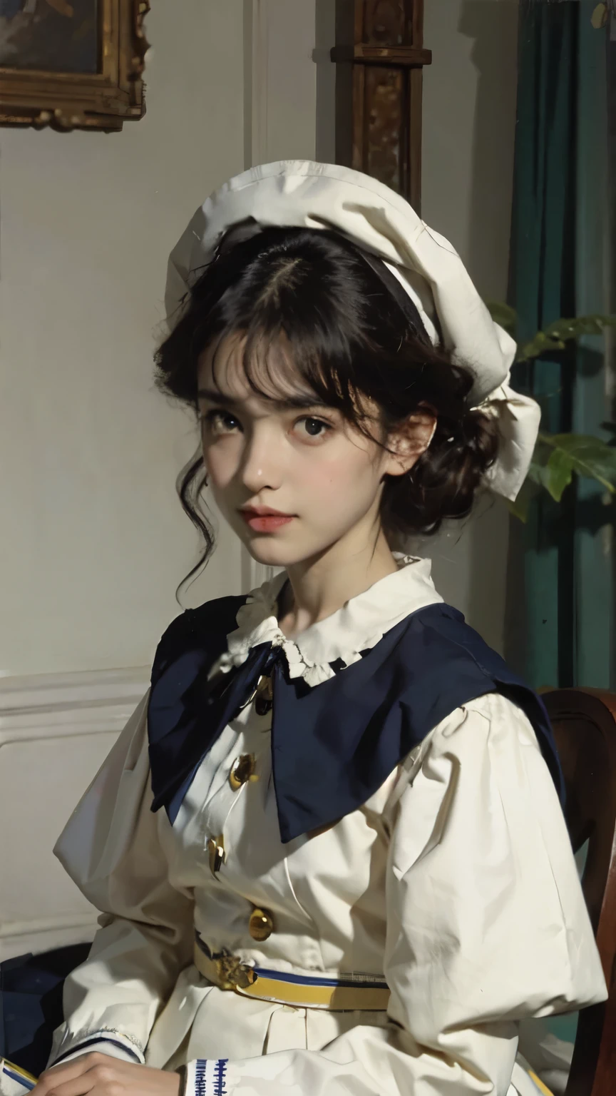 (masterpiece, highest quality:1.2),figure,8k,hd,1 girl,alone,Upper body,(portrait:1.2),white serafuku,uniform,black pantyhose,green sailor collar,Green pleated skirt,shoes,short brown hair,