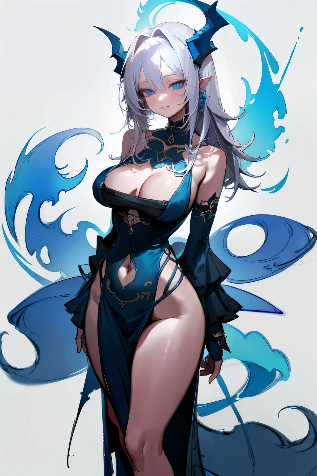 ((Sketch)), (Watercolor), 1girl, long white hair, messy hair, (four demon horns), demon tail, light blue eyes, beautiful eyes, pointy ears, detailed lips, smirk, choker, collarbone, bare shoulders, large breast, wide hips, (black revealing clothes with blue ornate), (long pelvic curtain), center opening, thigh gap, black fingerless gloves, (blue flames, blue fire background), hip dips, thick thighs, perky breasts