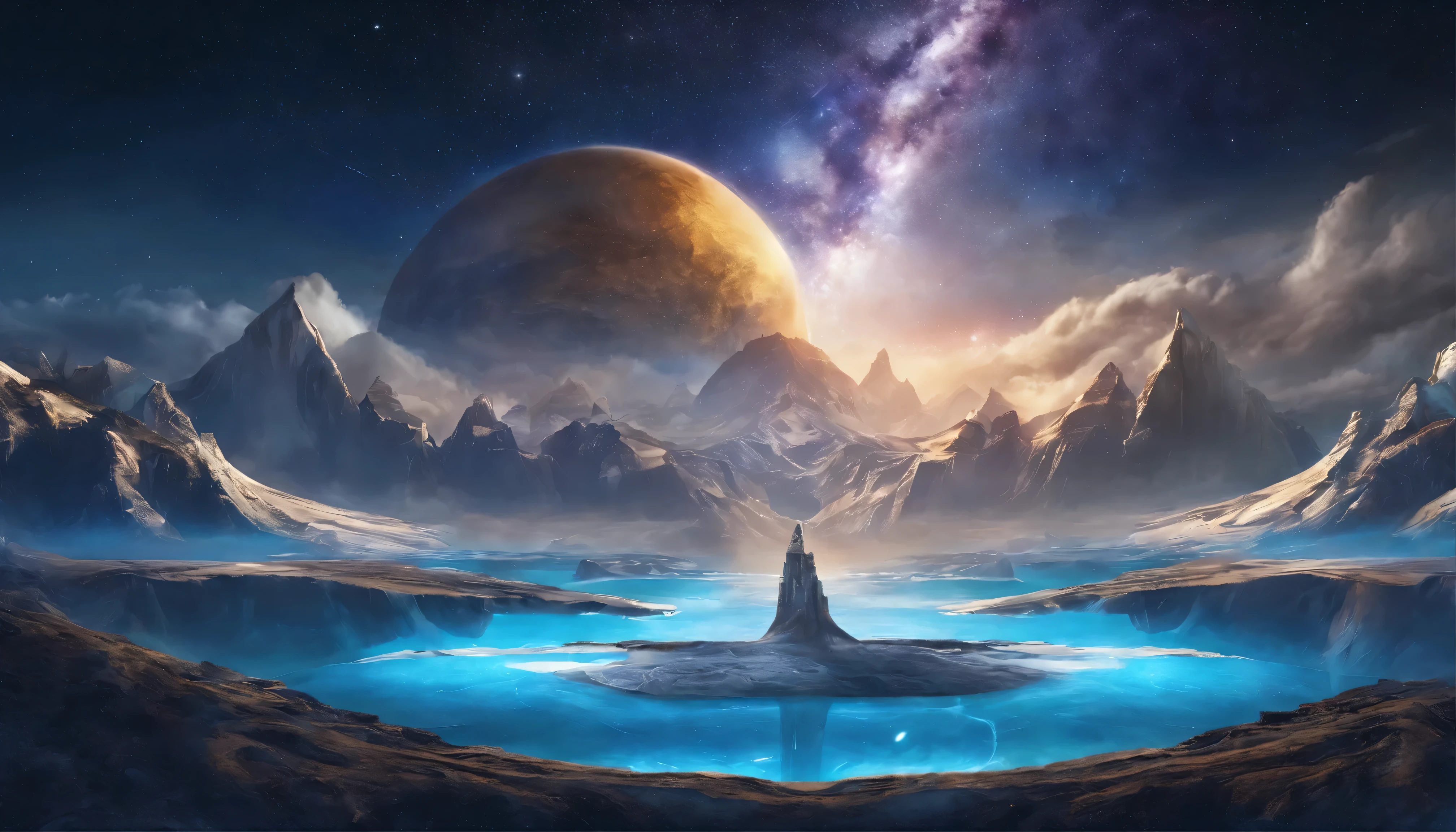 A view of a mountain range with a lake and a planet in the distance ...