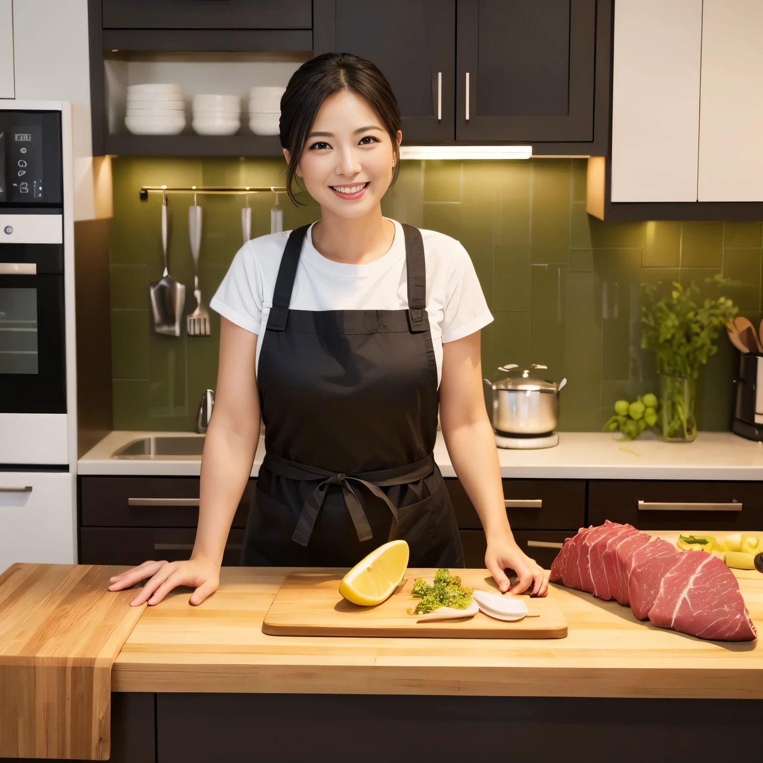 masterpiece, Highest quality, Mature attractive woman, White apron on naked body, Naked Apron, Chubby,Big Ass, smile, Full Body Shot