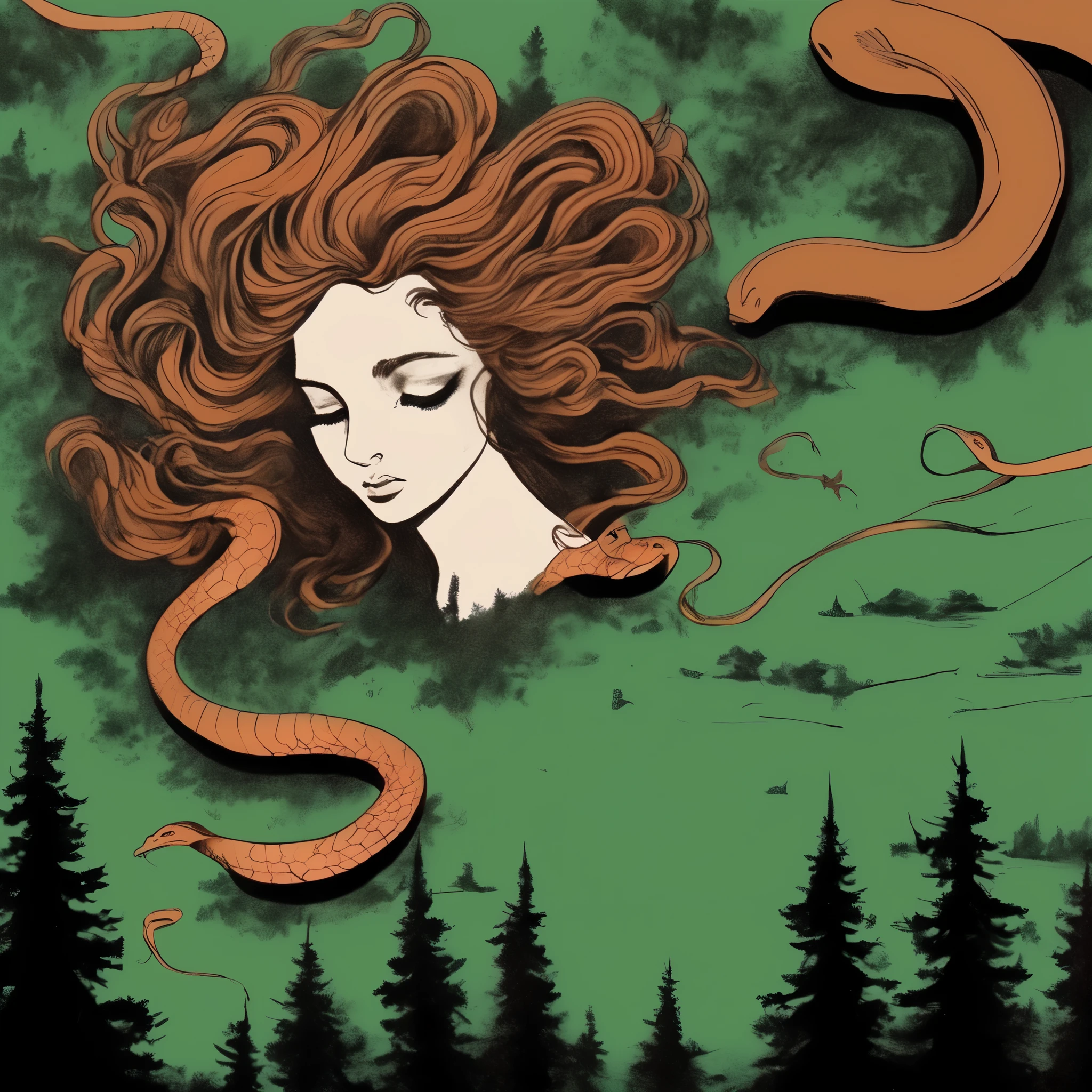simple line drawing, minimalism, ariel view, high above in the sky, top down view, looking down from above, expressive ink harsh precise strokes, ink drop, ink blot, Medusa Gorgon slithering across the pine barrens, birds eye view, ariel view of snake woman hybrid at nautical twilight dusk, rich color grading for shading depth, forest green to earth brown rich natural coloring, cinematic composition framing, aesthetics of surreal waking dream unsolved unresolved unknown


