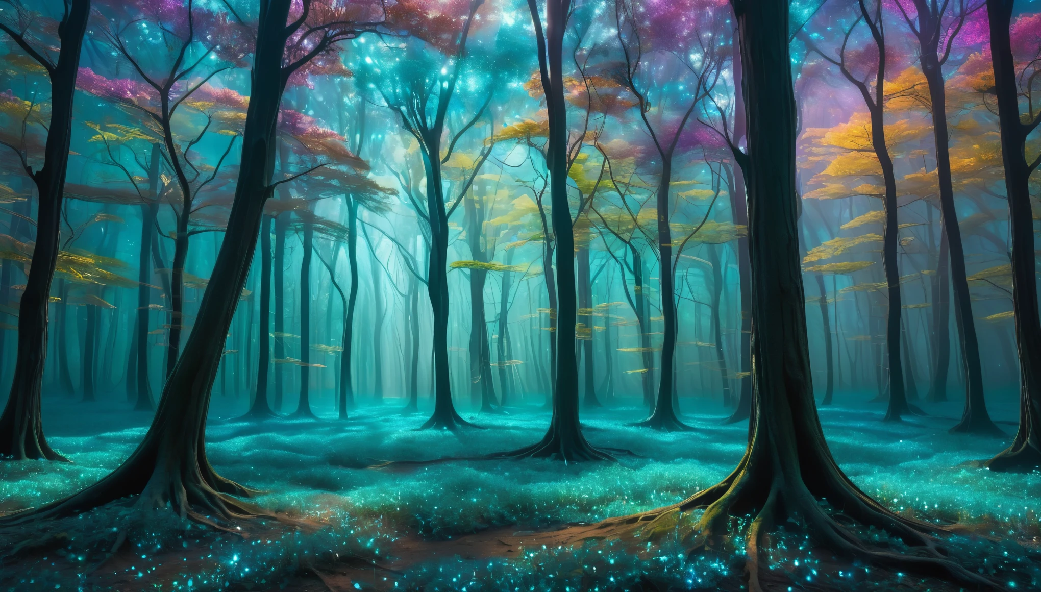 An ethereal alien forest with trees made of shimmering glass, their bioluminescent leaves casting a kaleidoscope of colors on the misty, turquoise ground.