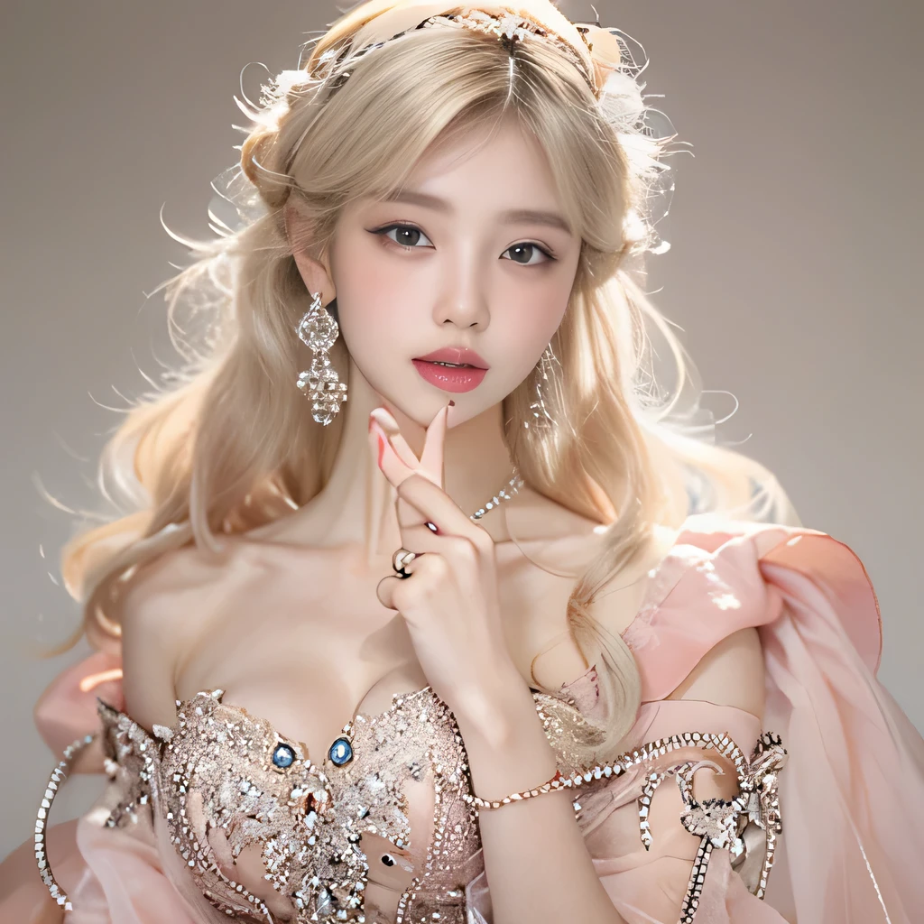 8k)、(best image quality:1.5)、gray background、close up of face、1girl、masterpiece、delicate and sharp eyes、brown eyes、eye power、delicate face、cup、attractive face、platinum blonde hair、Semi-long wave、pink wedding dress、pink wedding dress、I can see the collarbone、gal、Emphasis on the clavicle、earrings、necklace