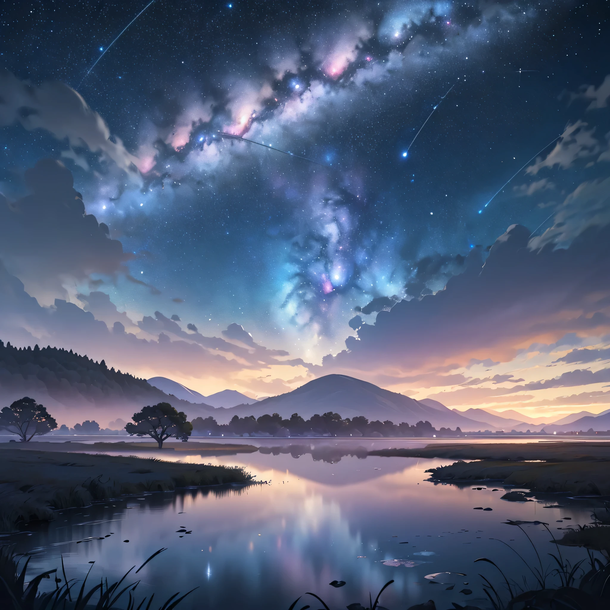 (best quality,4k,8k,high resolution,masterpiece:1.2),Super detailed,(actual,photoactual,photo-actual:1.37),starry night sky,sparkling stars,peaceful atmosphere,peaceful tranquility,dark blue tint,twinkling constellations,flashing lights,scenery under moonlight,beautiful at night,Christmas Eve,Uninterrupted night sky views,Unobstructed panoramic views,Amazing clarity,stellar vision,Immersive experience,dreamy atmosphere,Distant galaxies,majestic universe,Boundless,Celestial phenomena,ethereal light,mysterious aura,Calm and serene,magical silence,Deep in the universe,dimly lit landscape,breeze,scattered clouds,Silhouette of distant mountains,Tranquil lake reflects the stars,peaceful rural setting,warm summer nights,peace and tranquility.