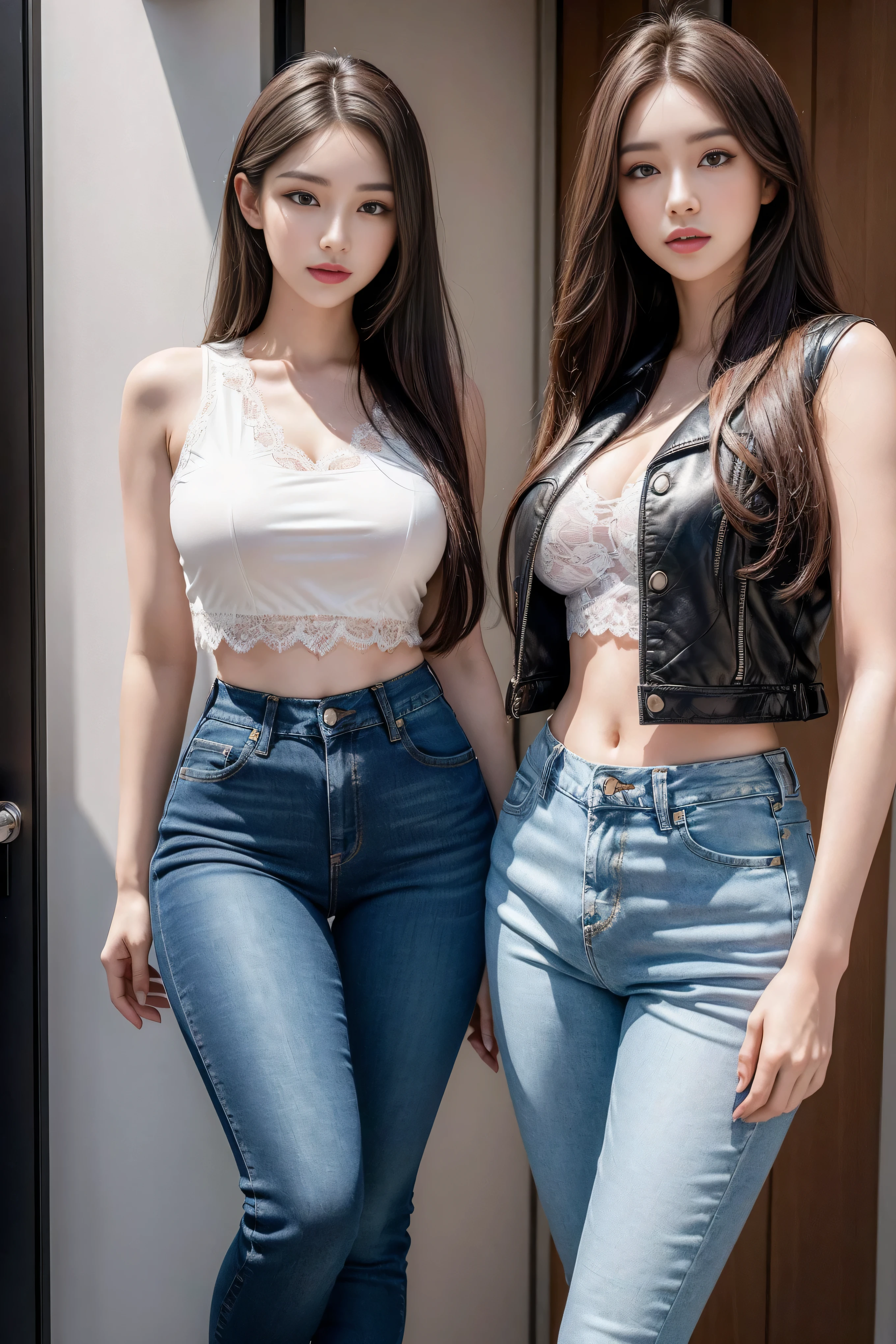 ((Realistic lighting, best quality, 8K, masterpiece:1.3)), (lock focus:1.2), (2 girls),(Beautiful woman with perfect body:1.4), : 2 Korean beauties, K-pop idol，Leg length，(pale skin), (big eyes),（Smile：0.8），（plump sexy lips）， Complex and detailed face, ((Skin is super delicate))，delicate face，Super face slimming，narrow eyes，double eyelids，((Blonde)), (white lace underwear:1.4）,Background Shibuya streets，emphasize，Super face slimming，narrow eyes，double eyelids，（start from below：1.attitude，（medium bust：1.2），Sexy long legs， （Thigh clearance：1.5），wide hips，S-shaped body，Vest line， Hips raised，Leg length，skinny denim trousers，Shot from the front，body proportions，Over-the-knee leather boots，