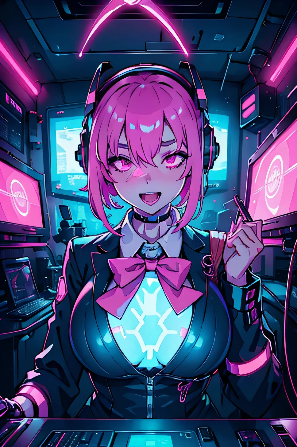 Anime cyborg girl sitting in a pilot seat wearing a virtual reality headset covering her eyes on her face with machinery and tubes and wires going inside her head and brain, (Best quality,highres:1.2), ultra-detailed, (realistic:1.3), cyberpunk, futuristic, portrait, shiny revealing latex outfit, cyber implants, virtual reality, drooling face, cables plugging into brain, shirt collar, bowtie, formal clothing, open mouth smile, facing viewer, girl is vibrating, glowing virtual reality headset, relaxed expression, blushing, cyber future formal wear, cyberpunk, futuristic, brain drain, cyber implants, virtual reality, drooling face, virtual reality headset covering eyes,  school uniform, big collar, high collar, open mouth smile, pleasured face expression, skin tight clothing, big shirt collar, big bowtie, biggest breasts in the world, light-emitting cable connected to brain, head antennas, oversized headphones, breasts are vibrating, open mouth drooling, pleasured expression, red face blush, cyborg, android, mechanical creature, mechanical torso, futuristic cyberpunk cyborg body, slim futuristic android, glowing lights on girls body, power cells, head is emitting pink light, formal shirt collar, big formal bowtie, school uniform, glowing nipples, big shirt collar, high collar, white collar, electrocution, girl being electrocuted, electricity, electricity sparks, pink hair, short hair, neon pink hair, body modification, orgasm, pleasure, (VR headset covering the eyes), vibrating breasts, vibrating girl, intense vibration, glowing nipples, lightbulb nipples, girl wearing large VR headset